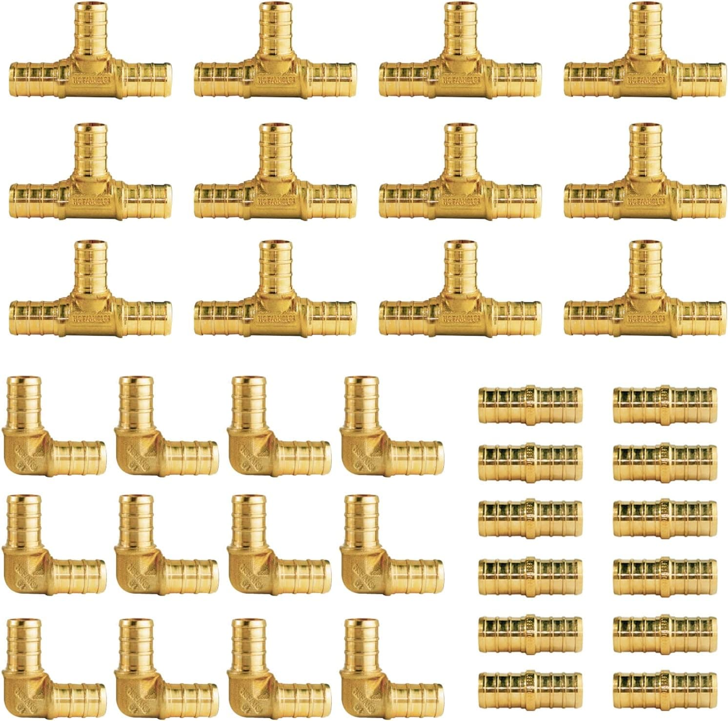 WiseWater 36 Pcs Pex Fittings, 1/2 inch T PEX Tee(12PCS) & 90 Degree Elbow(12PCS) & Straight Coupling(12PCS), Brass Barb Crimp Pipe Fitting for Pex Pipe(Pack of 36), UPC Certified