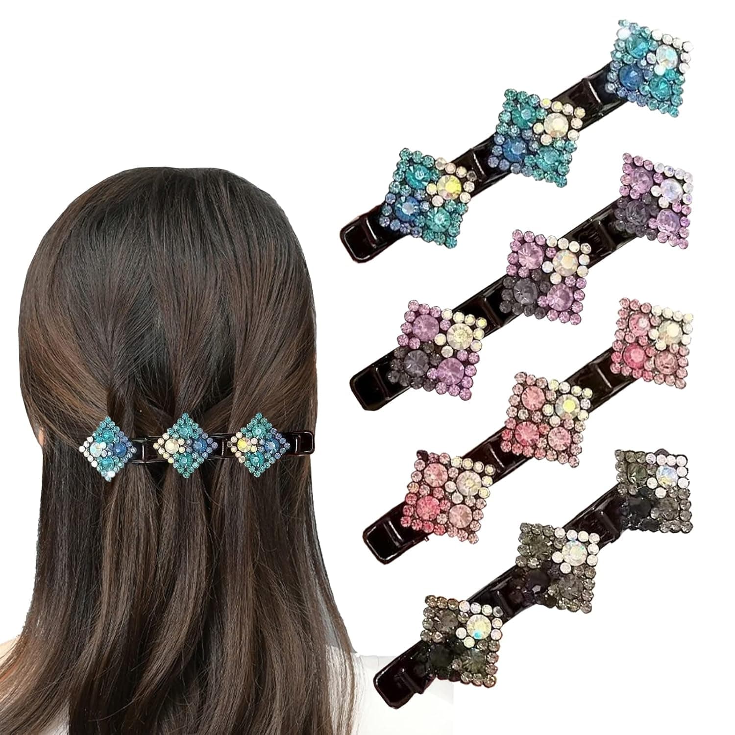 4 PCS Sparkling Crystal Stone Braided Hair Clips, Rhinestone Hair Clips Hairpin Duckbill Clip, Braided Hair Clip with Rhinestones for Women and Girls
