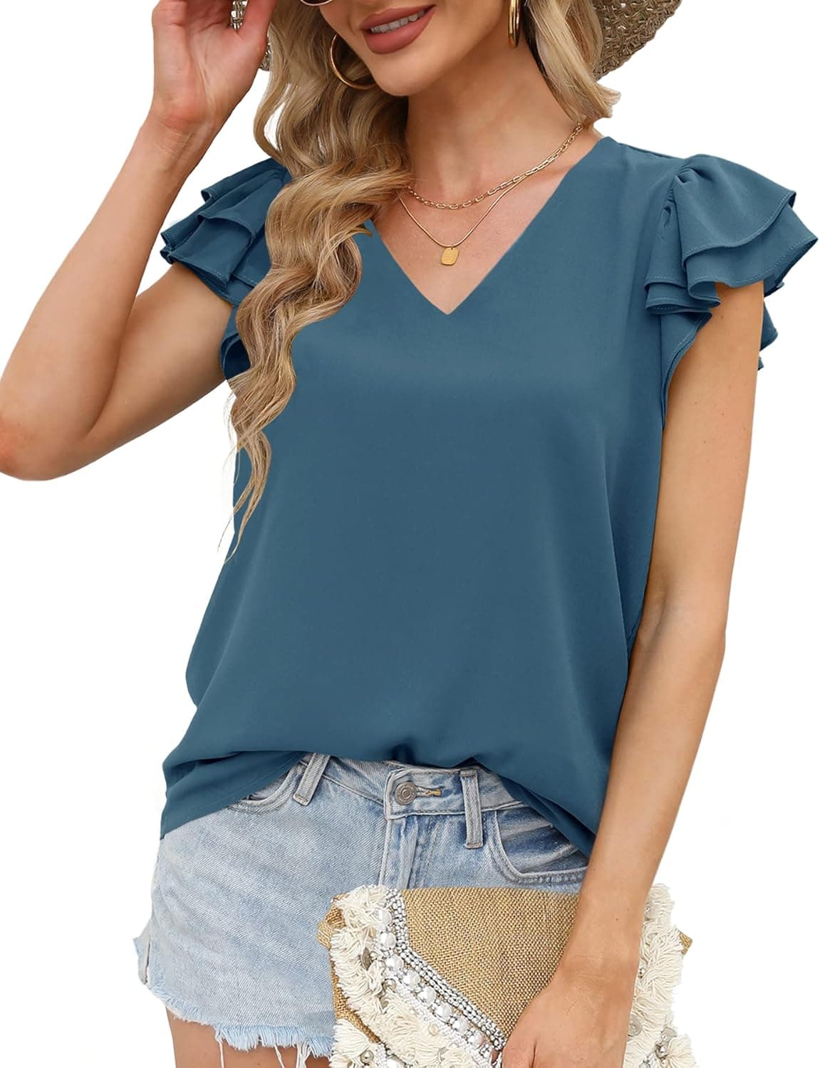 Aifer Womens Summer Casual V Neck Chiffon Blouses Flowy Double Layers Ruffle Short Sleeve Dressy Tops Plain Shirts