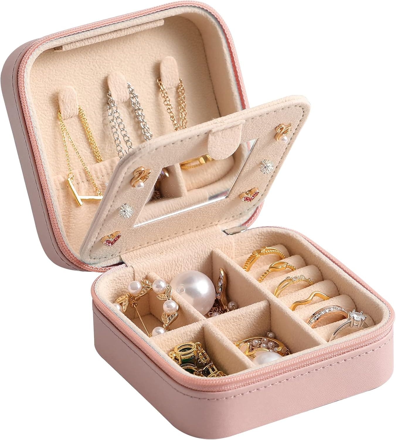 sazujinwu Travel Jewelry Box Organizer | Earring Holder, Necklace Compartment and Ring Slot | Scratch-Resistant Jewelry Travel Case for Women with Mirror Pink