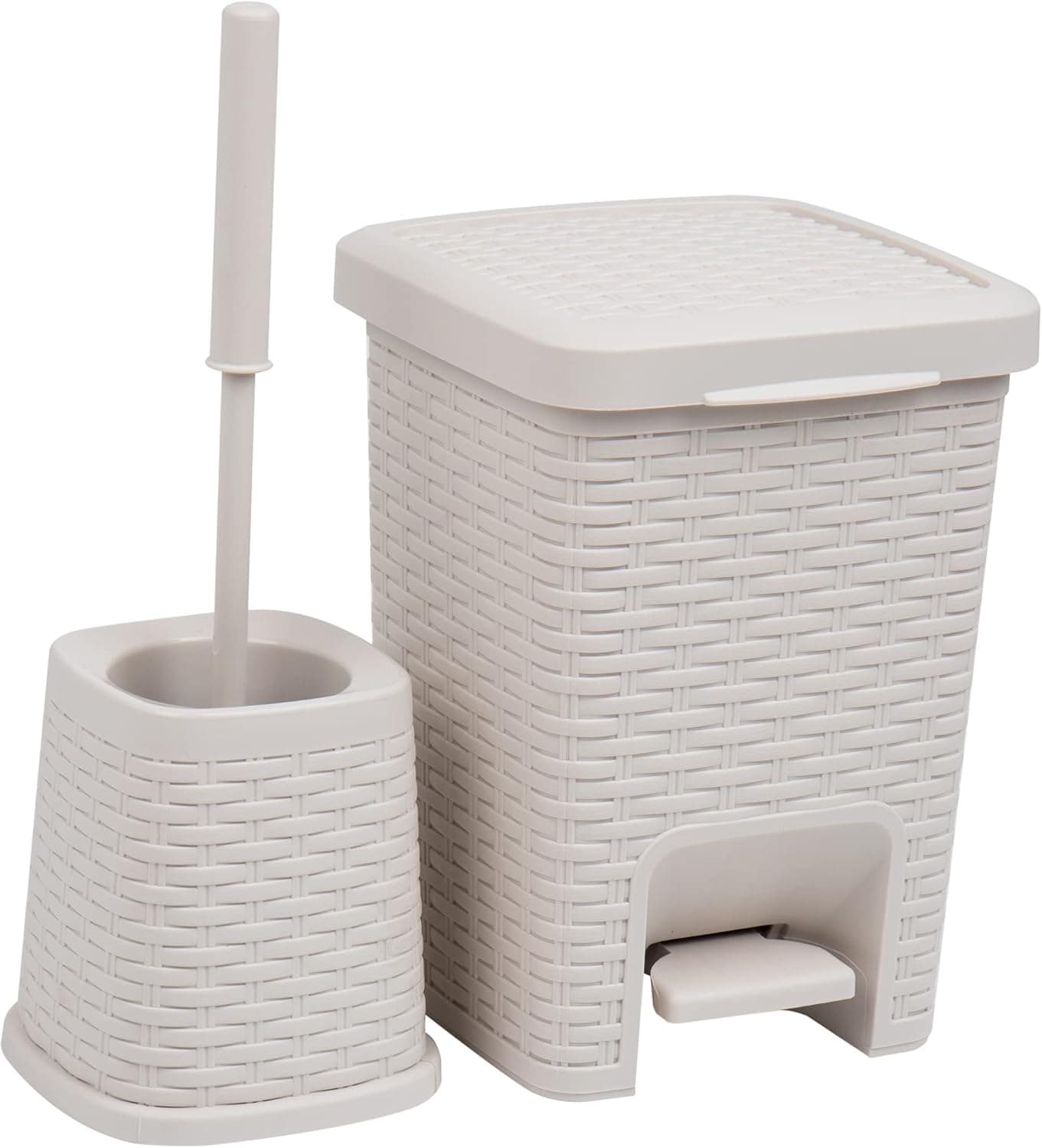 Mind Reader Basket Collection, Square Wastepaper Pedal Basket and Toilet Brush Set, Wicker Style, Bathroom, 2 Piece Set, Ivory