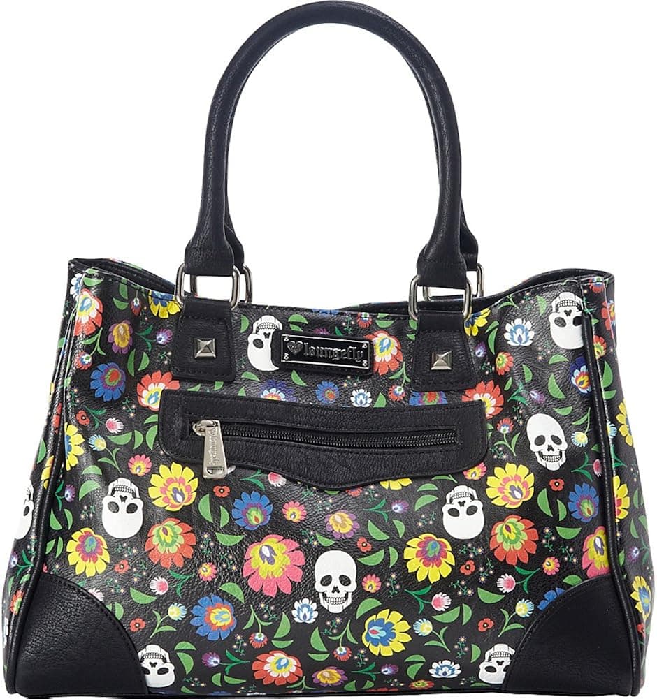 Loungefly Floral & White Skull Print Tote (Black/Multi)