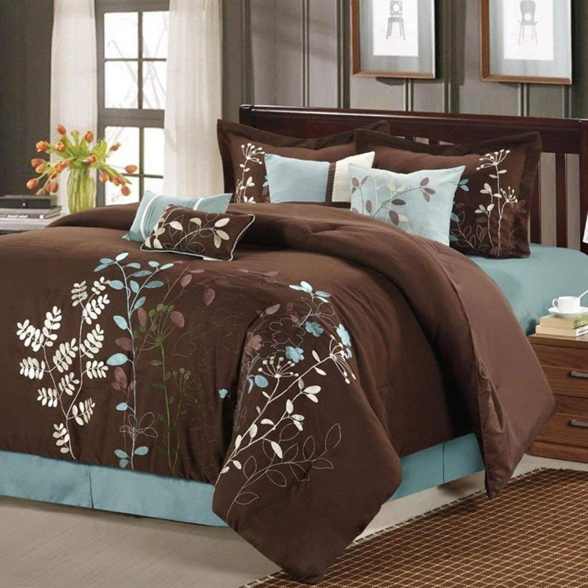Chic Home Bliss Garden 8 Piece Embroidered Comforter Set, Queen, Brown