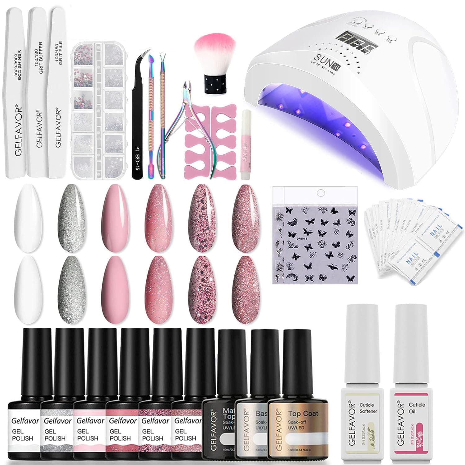 GELFAVOR 36Pcs Gel Nail Polish Set with UV Light Starter Kit White Pink Glitter Silver Color Gel Nail Polish Kit with 48W UVLight Nail Lamp Gel Soak Off UV Gel Nail Polishes Base Coat Top Coat All-In-One Gel Nails Set Nail Art Kit Holiday Celebration Gifts for Women DIY Salon Manicure