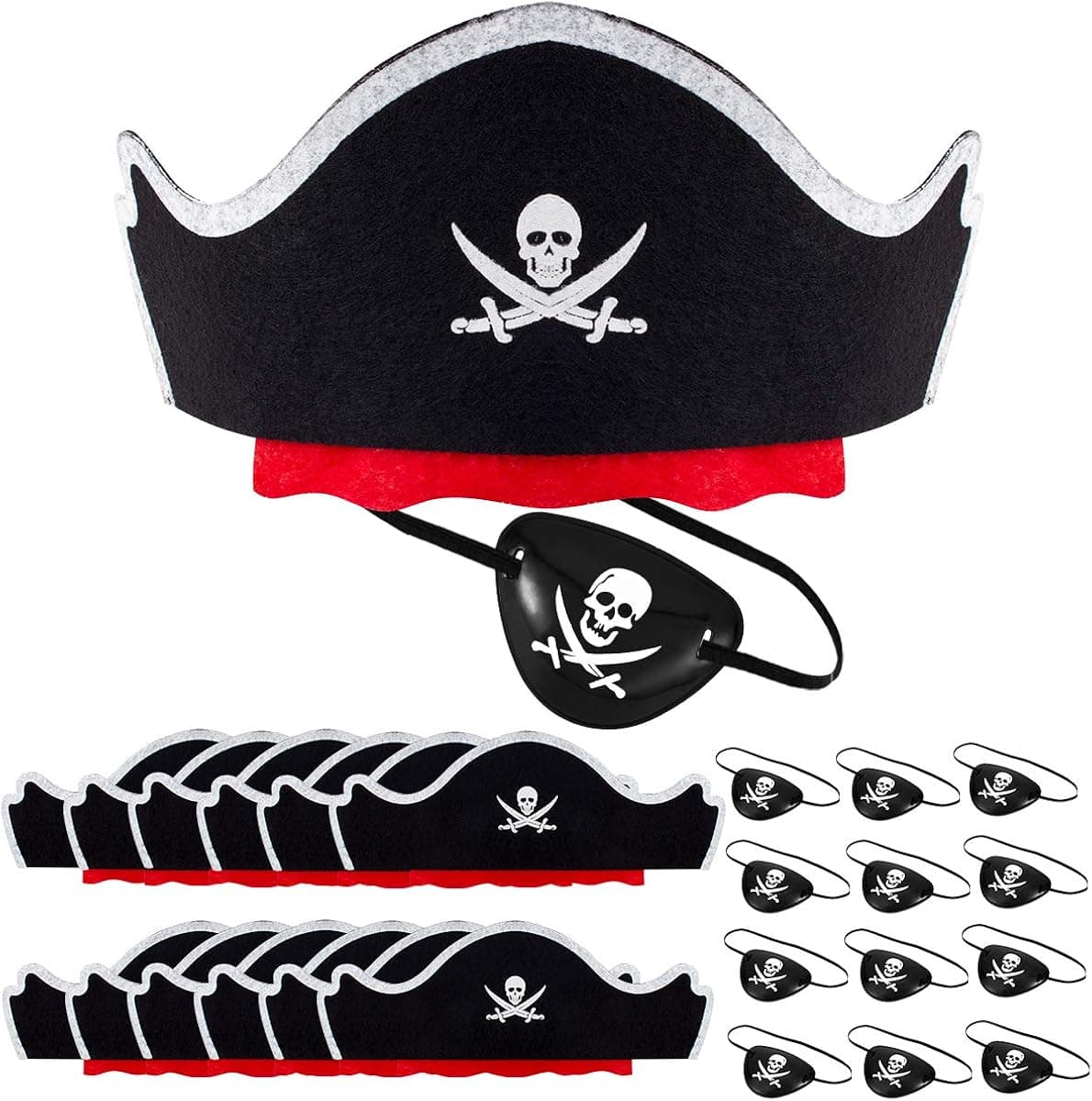 24 pcs Pirate Hats Set, Include 12 Pcs Black Pirate Eye Patches and 12 Pcs Skull Print Caribbean Captain Costume Caps for Kids Men Halloween Cosplay Pirate Theme Party Birthday Masquerade