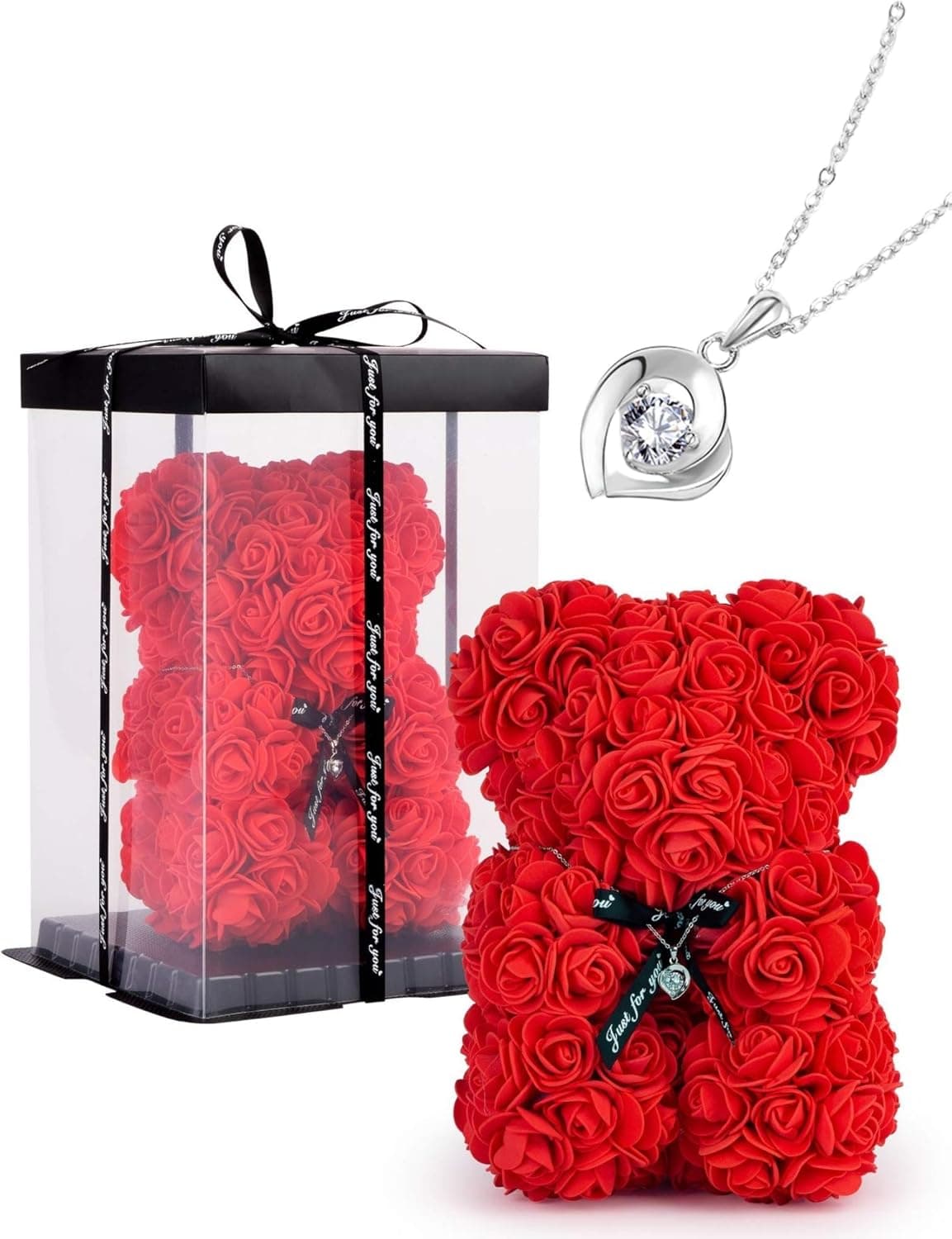 Rose Bear with Sterling Silver Necklace–Premium Flower Teddy Bear with Silver Necklace–Elegant & Exquisite Rose Teddy Bear for Valentine’s Day, Mother’s Day,Anniversaries-Red/Pink/Burgundy Flower Bear