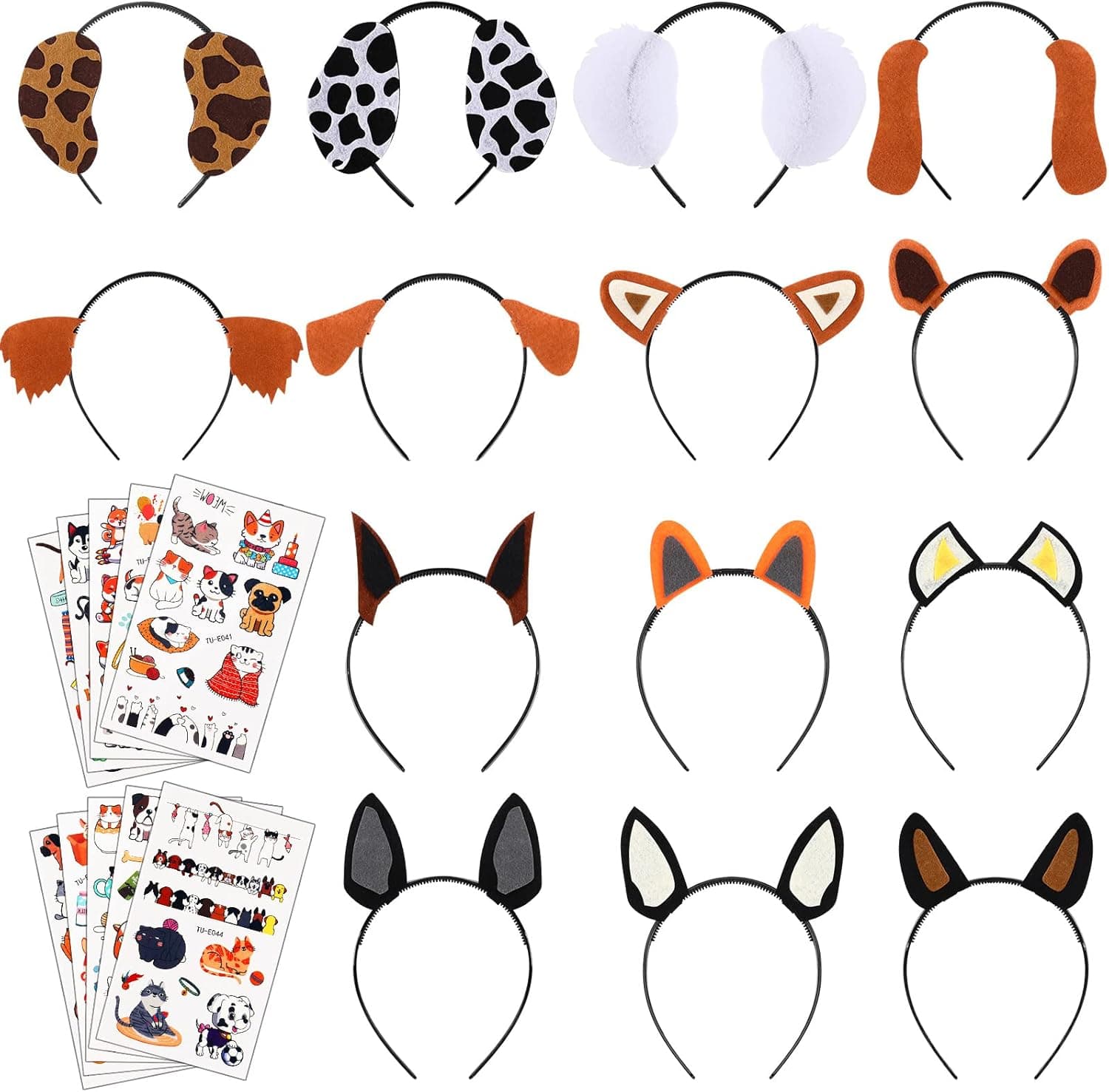 Zomiboo 14 Pcs Dog Ears Headband, Puppy Ears for Puppy Party Favors Dog Themed Birthday with 10 Sheets Cute Dog Temporary Tattoos for Kids Costumes Dress up Photo Booth Props Party Supplies