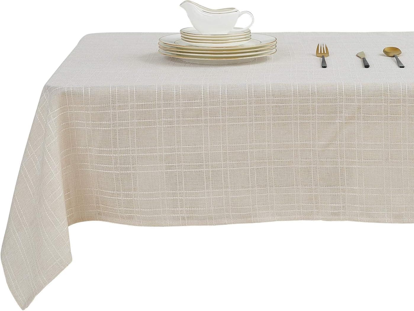 Deconovo Checkered Faux Linen Tablecloth Wrinkle Resistant Waterproof Tablecloths for Dining Room Rectangular 54x102 Inches Beige