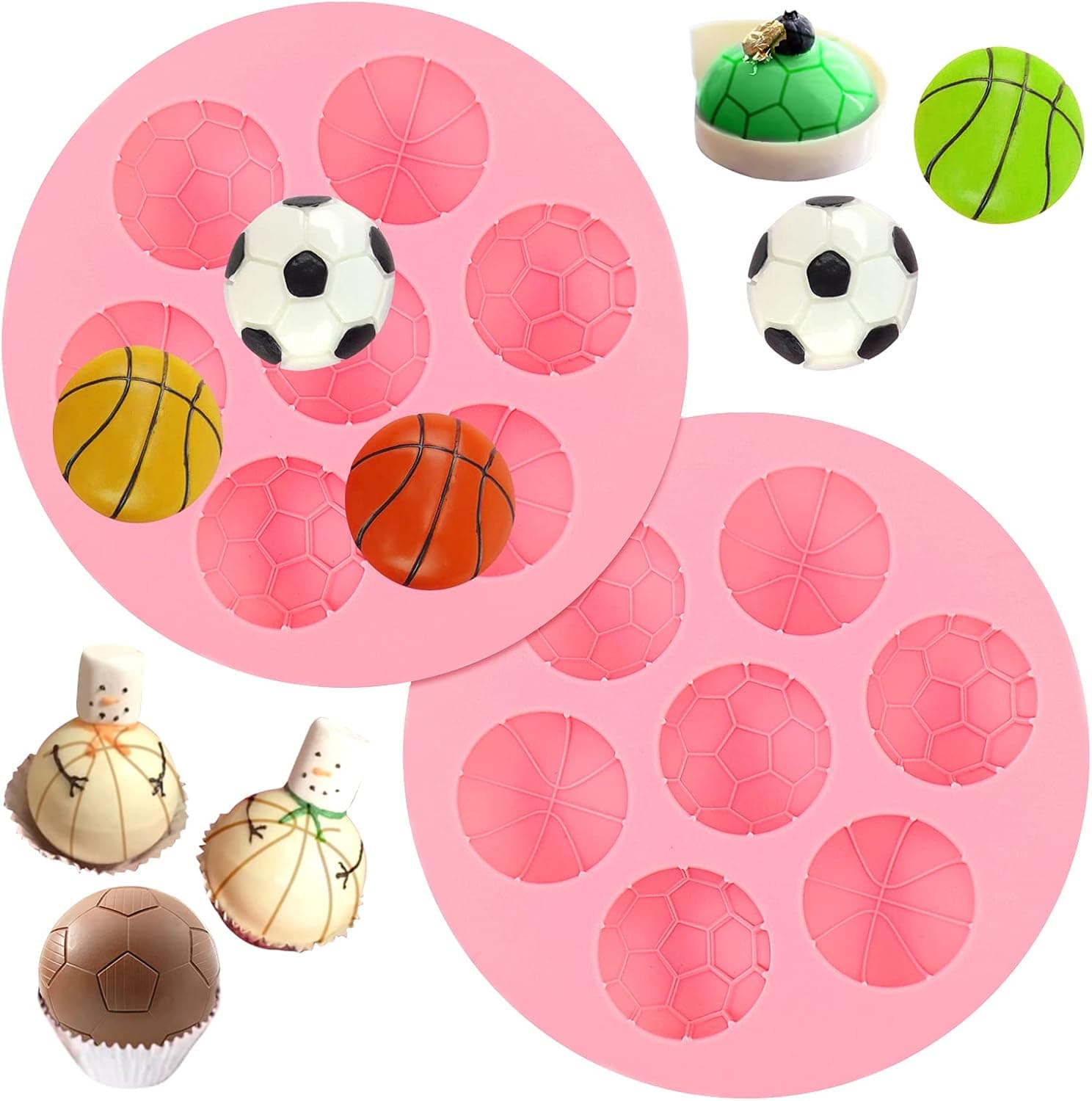 Juome 2 Pcs 7 Cavities Ball Cake Decoration Silicone Molds, Basketball/Soccer Ball Shaped Silicone Molds, Sport Balls Baking Molds for DIY Chocolate, Candy, Pudding, Jelly, Ice Cube