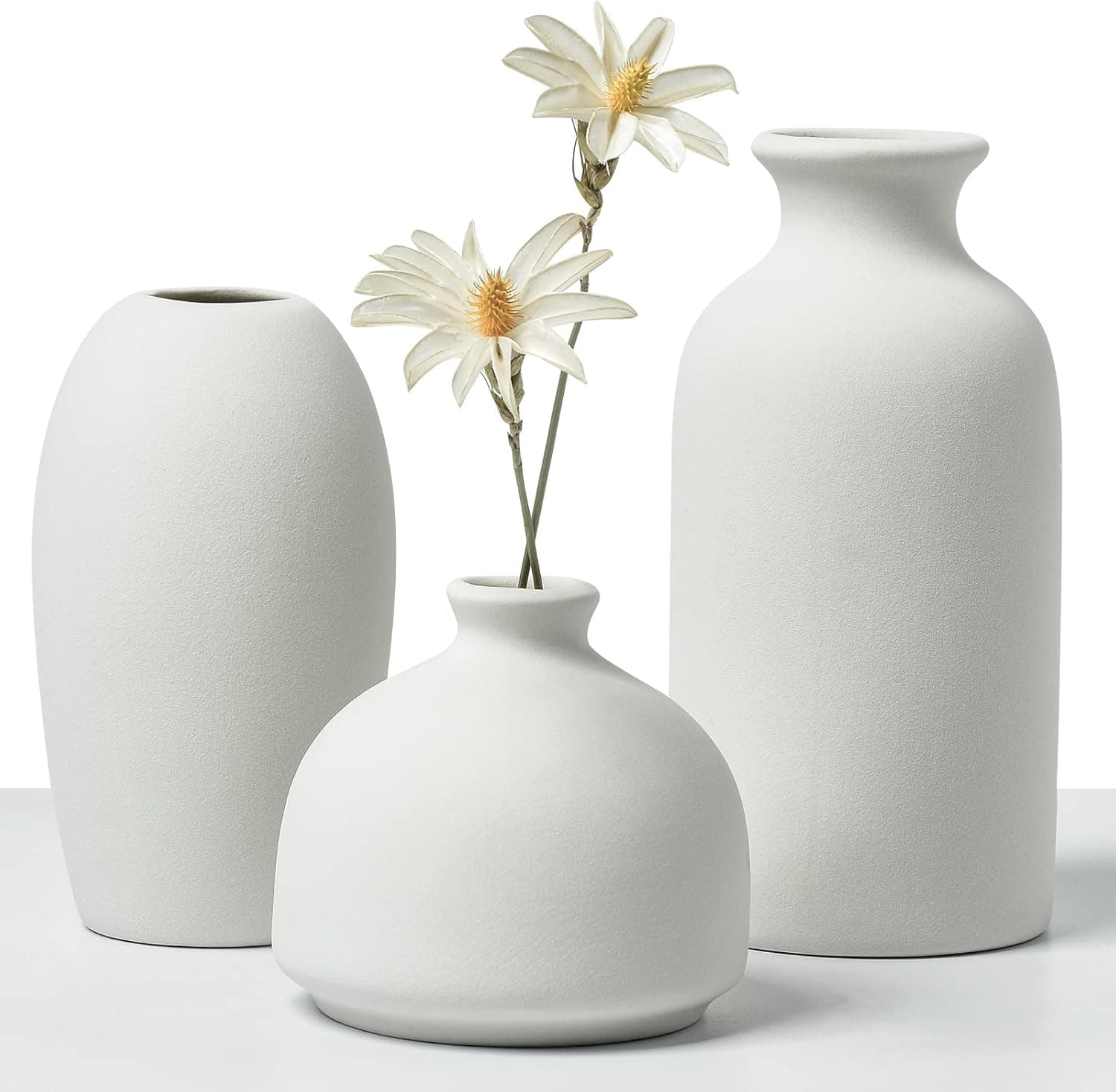 Modern White Ceramic Vase Set of 3, Small Flower Vases for Home Decor, Living Room Centerpieces and Events, Table, Bookshelf, Mantel and Entryway Decor