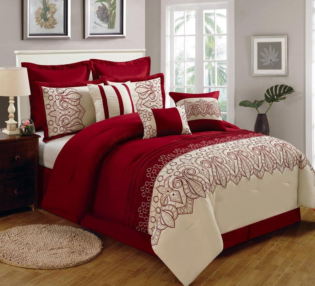 KingLinen 9 Piece Queen Lynsey Burgundy and Beige Comforter Set