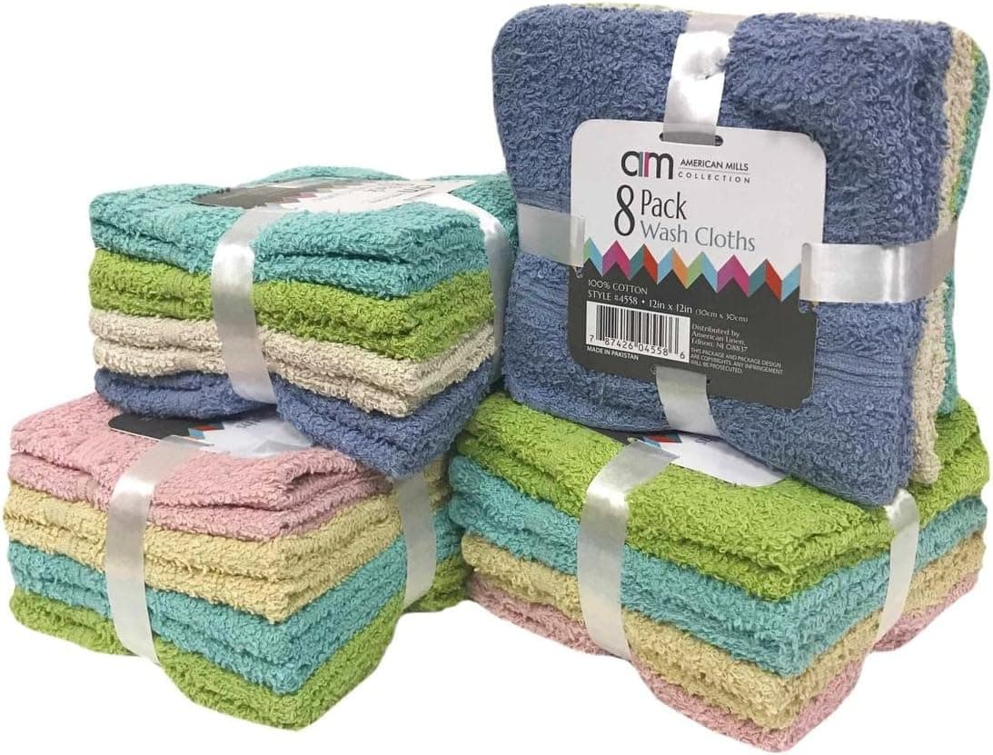 American Mills 100% Cotton Wash Cloths (Assorted-8,1), 12'' X 12''
