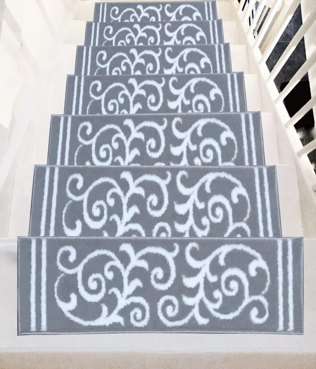 Gloria Tape Adhesive Non-Slip Carpet Stair Treads Pet Friendly Stair Mats Floral (7, White)