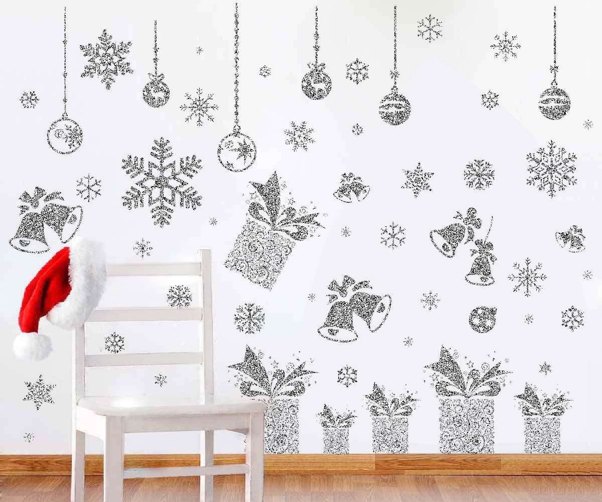 JOYIN 80 Pcs Glitter Snowflakes Window Wall Peel & Stick Decals Holiday Winter Christmas Home Decorations Snow White Stickers (Also including Jingle Bell, Gift Box, Ornaments Designs)