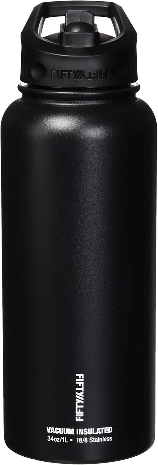 FIFTY-FIFTY Sport Water Bottle, Straw Cap with Wide Mouth, 34 oz/1 L, Matte Black