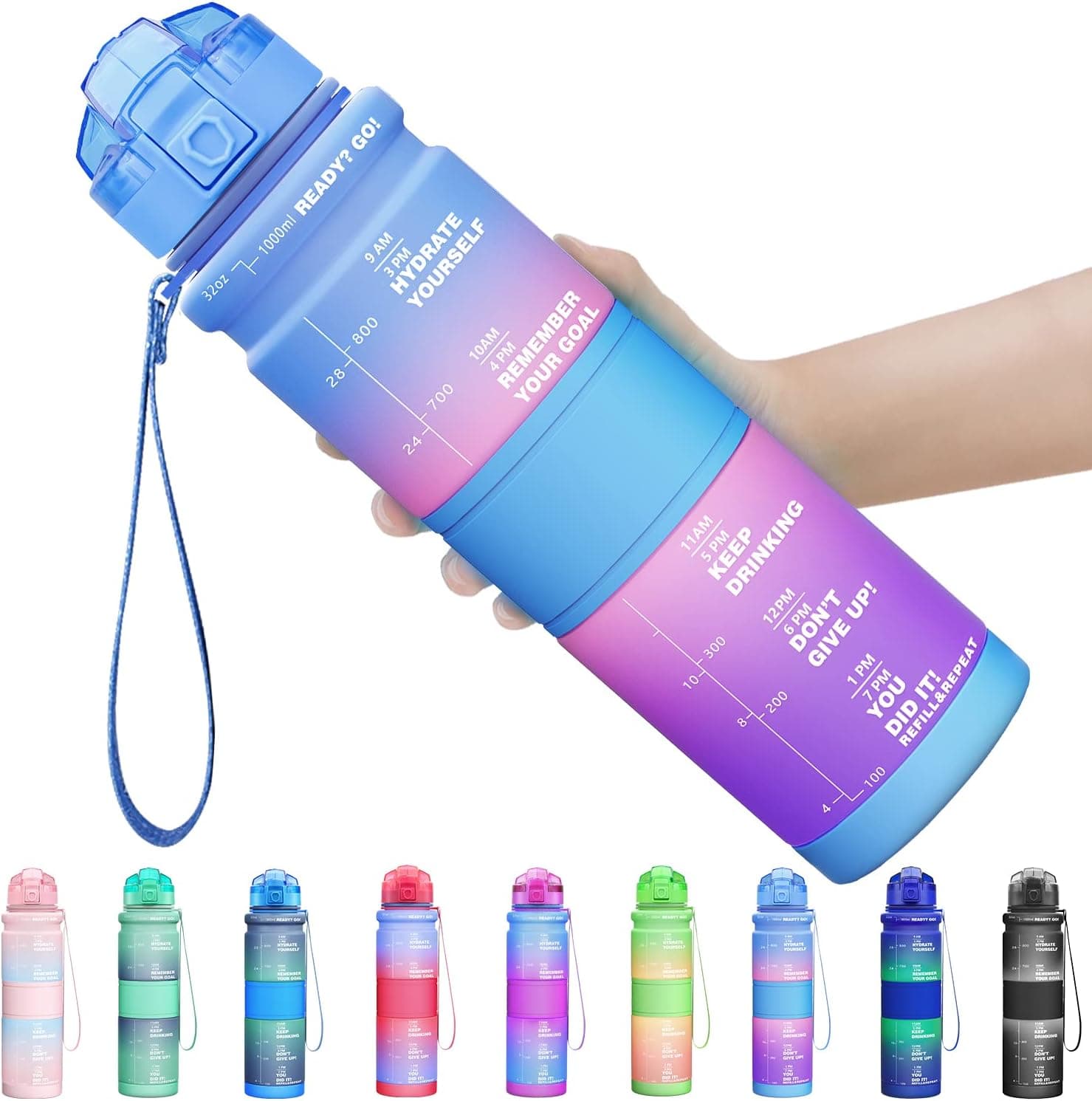 17oz/32oz Motivational Water Bottle with Time Marker, BPA Free Water Jug with Wide Mouth/Flip Top Leak Proof Lid/One Click Open, Ensure You Drink Enough Water for Fitness, Gym, Camping, Outdoor Sports