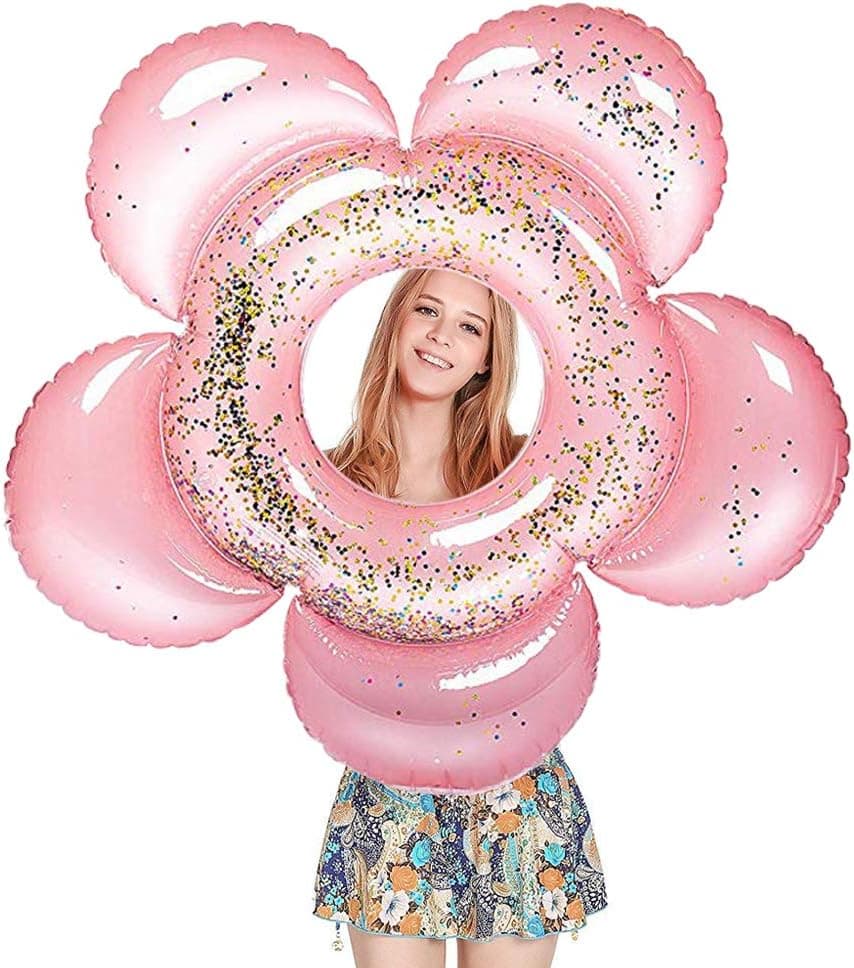 Vercico Pink Inflatable Pool Float Flower Shaped Sparking Swimming Ring Glittering Pool Float for Women Girls Pool Party Summer Toys