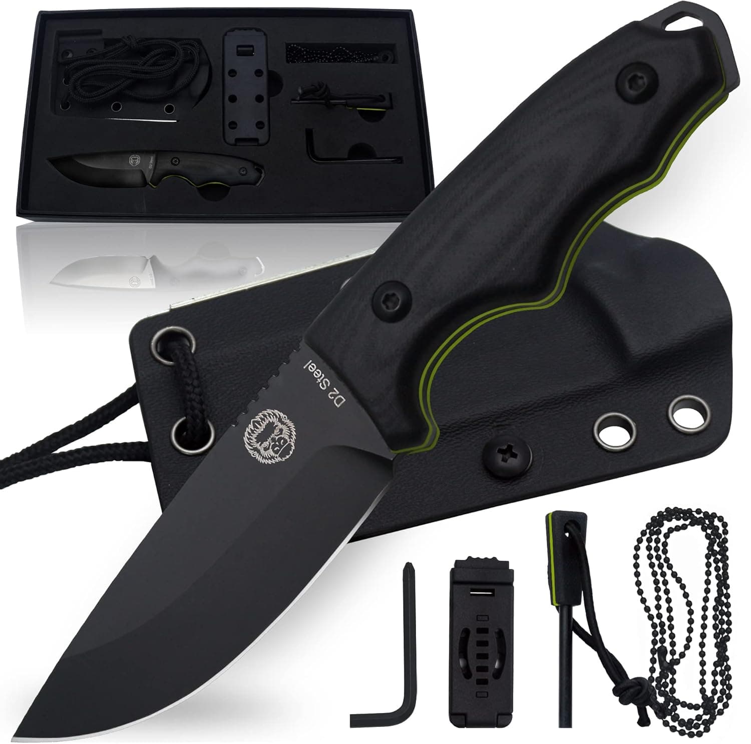 Survival Knife | Bushcraft Neck Knife Men's Gift Set Fixed Blade Ambidextrous Kydex Sheath & Ferro Rod - Full Tang EDC D2 Blade - Nonslip Handle with Blade Jimping - Great For Camping Trekking (Black Blade + Black and Green Liner)