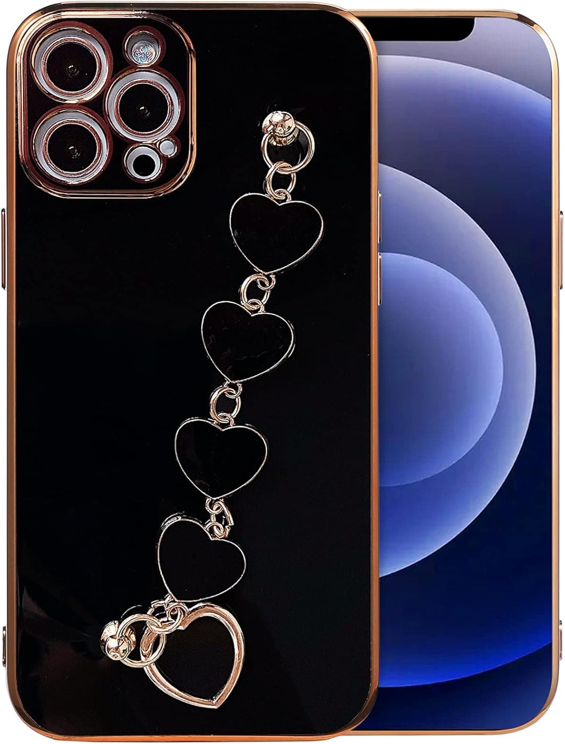 Qokey Compatible for iPhone 13 Pro Case 6.1 inch 2021 Released Luxury Plating Soft TPU Case with Love Heart Chain Bracelet Strap Shiny Cute Pretty Protective Cover for Women Grils Black