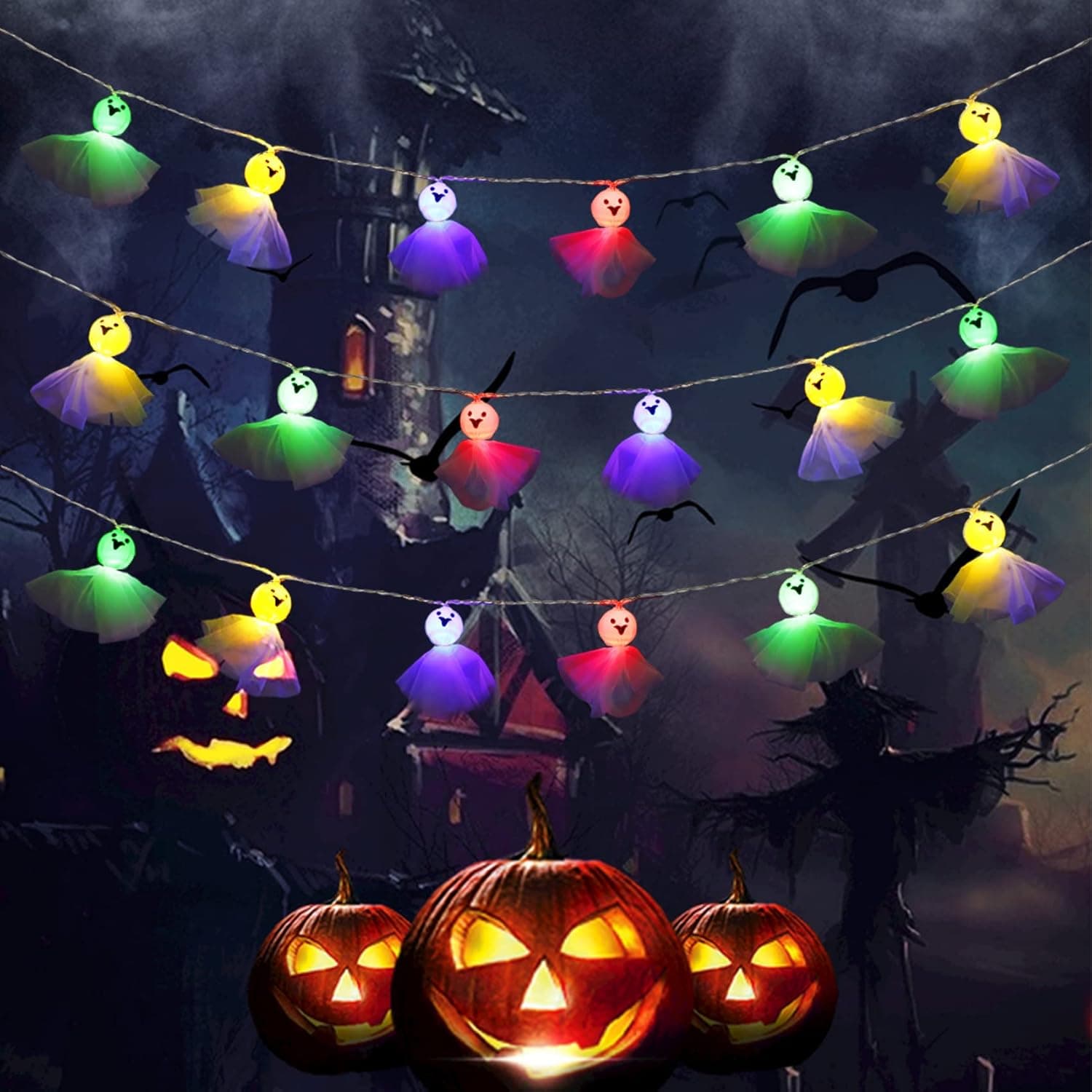JAYNLT Halloween String Lights,19ft Halloween Decoration Lights 40 led White Ghost Battery Operated String Lights- 2 Lighting Modes for Home Door Window Porch Decor Indoor Outdoor Halloween Party