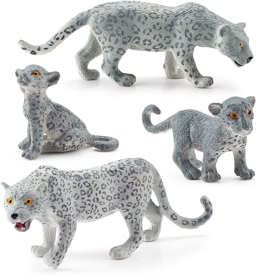REALYUCAN 4Pcs Realistic Snow Leopards Cheetah Toys Figurines with Cub Plastic Safari Jungle Animals Figures Family Playset Educational Cake Toppers Christmas Birthday Gift for Kids Toddlers