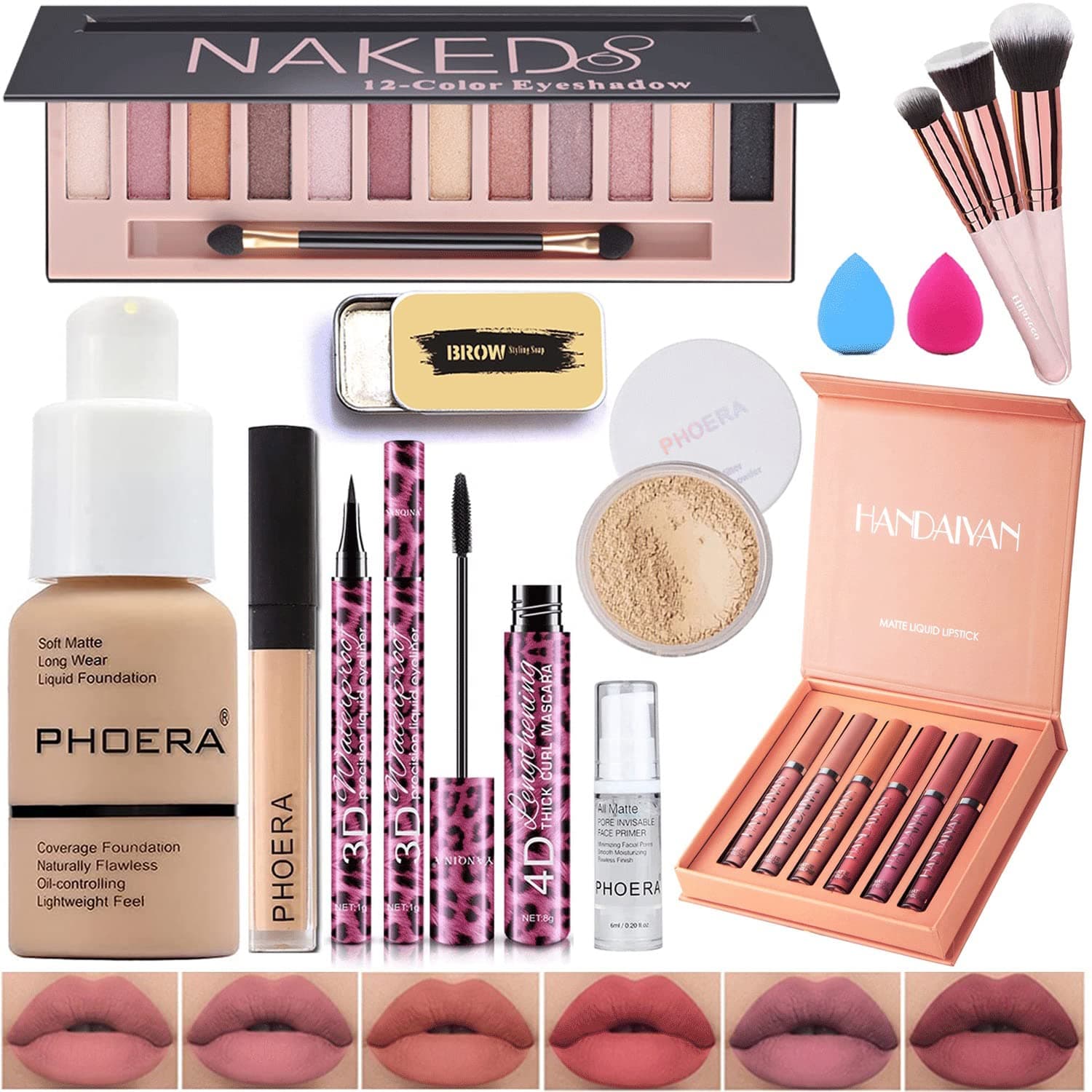 All In One Makeup Kit,12 Colors Eyeshadow Palette,PHOERA Foundation,6 Colors Lipstick Set,PHOERA Primer Powder Concealer Contour,Eyebrow Soap,Waterproof Eyeliner and Mascara, Makeup Brush Set