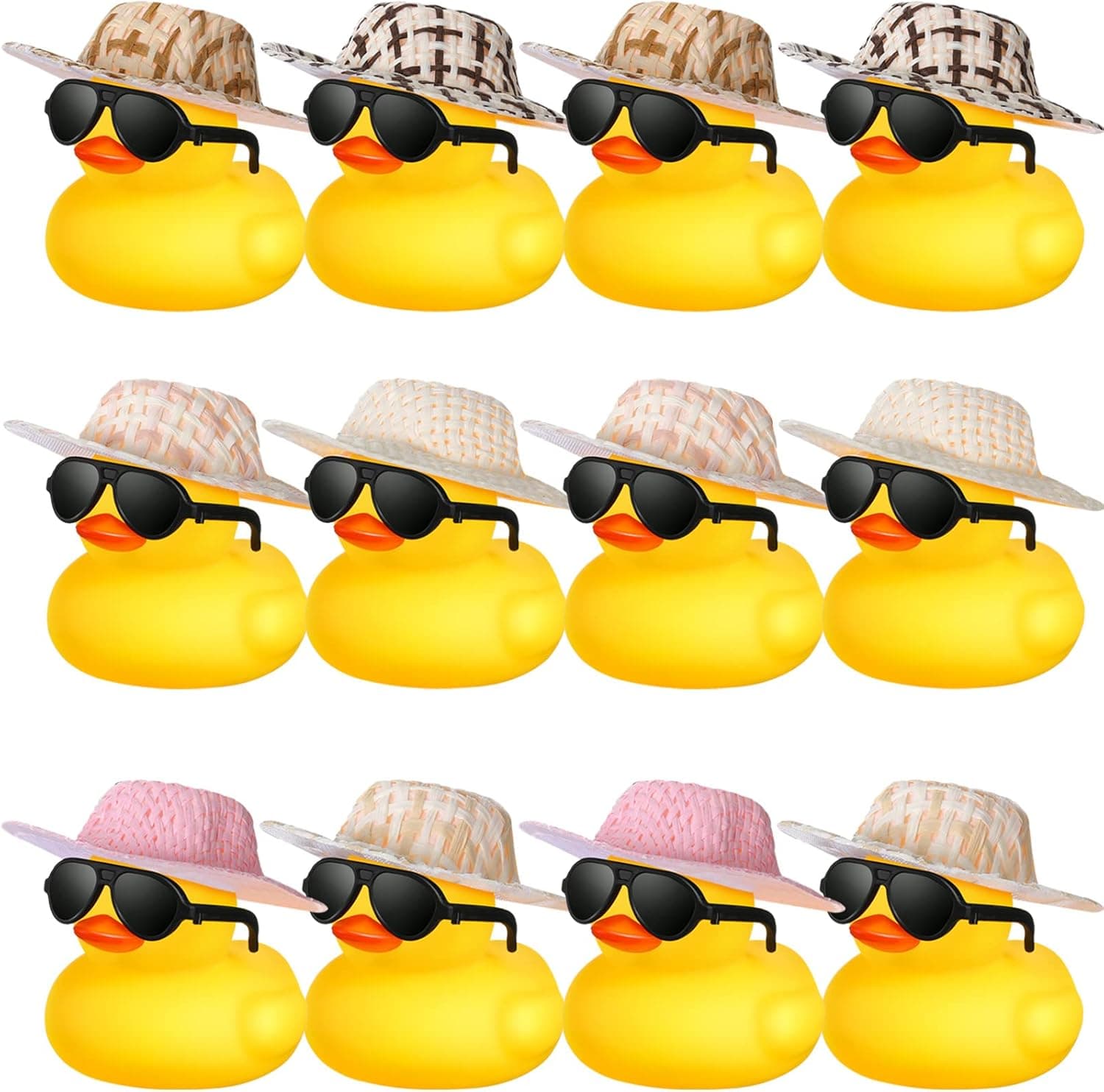 12 Pcs Mini Rubber Ducks with Sunglasses/ Glasses and Hats/ Necklace, Valentine's Day Rubber Duck in Bulk Bathtub Toy for Cruise Valentines Kids Classroom Gift Exchange(Stylish Style, Yellow)
