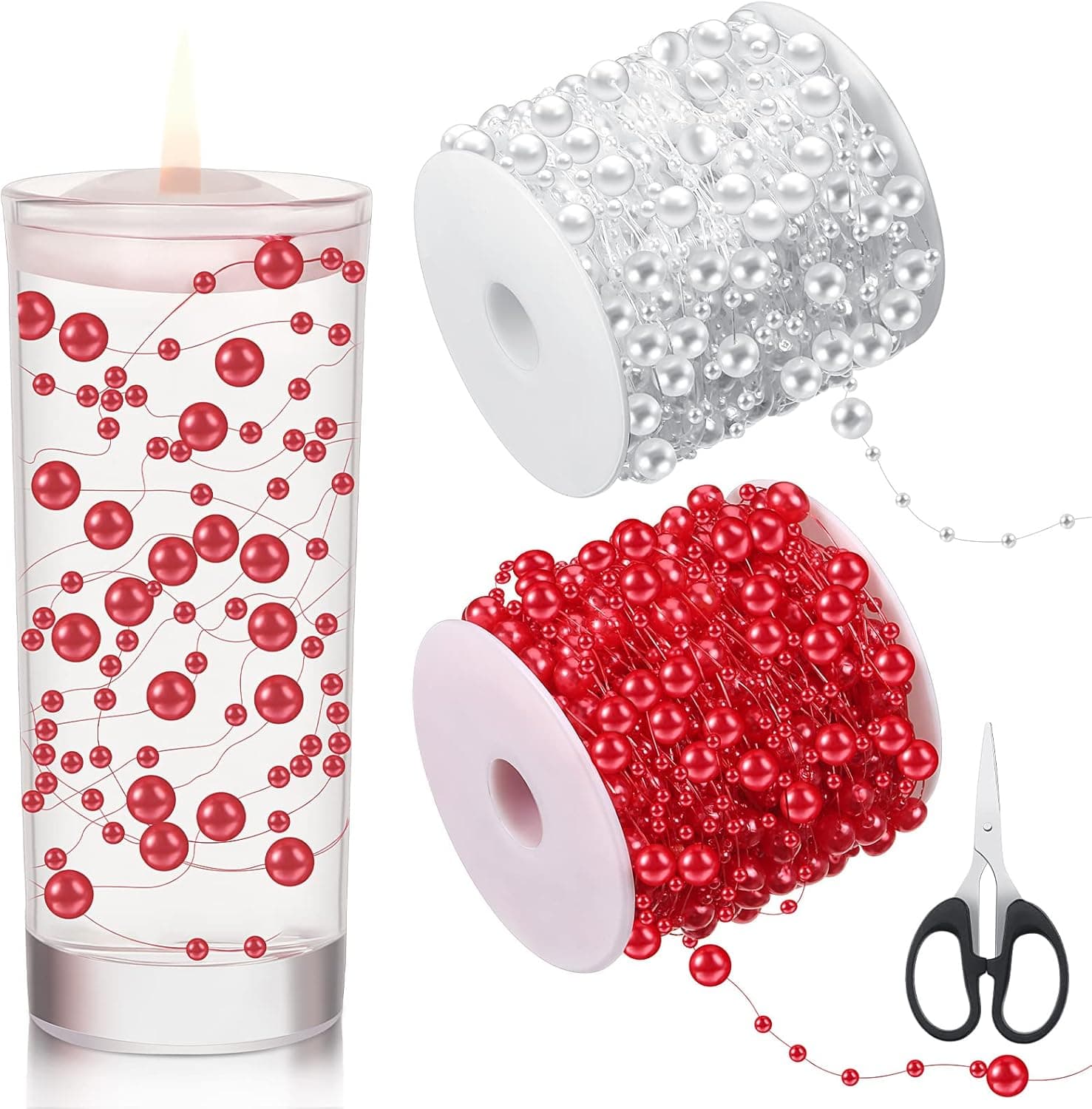 MTLEE 3 Pieces Artificial Pearl String for Floating Candles Centerpiece Vase Filler Decor Including 200 Feet Red White Pearl Garland String with Scissors for Wedding Centerpiece