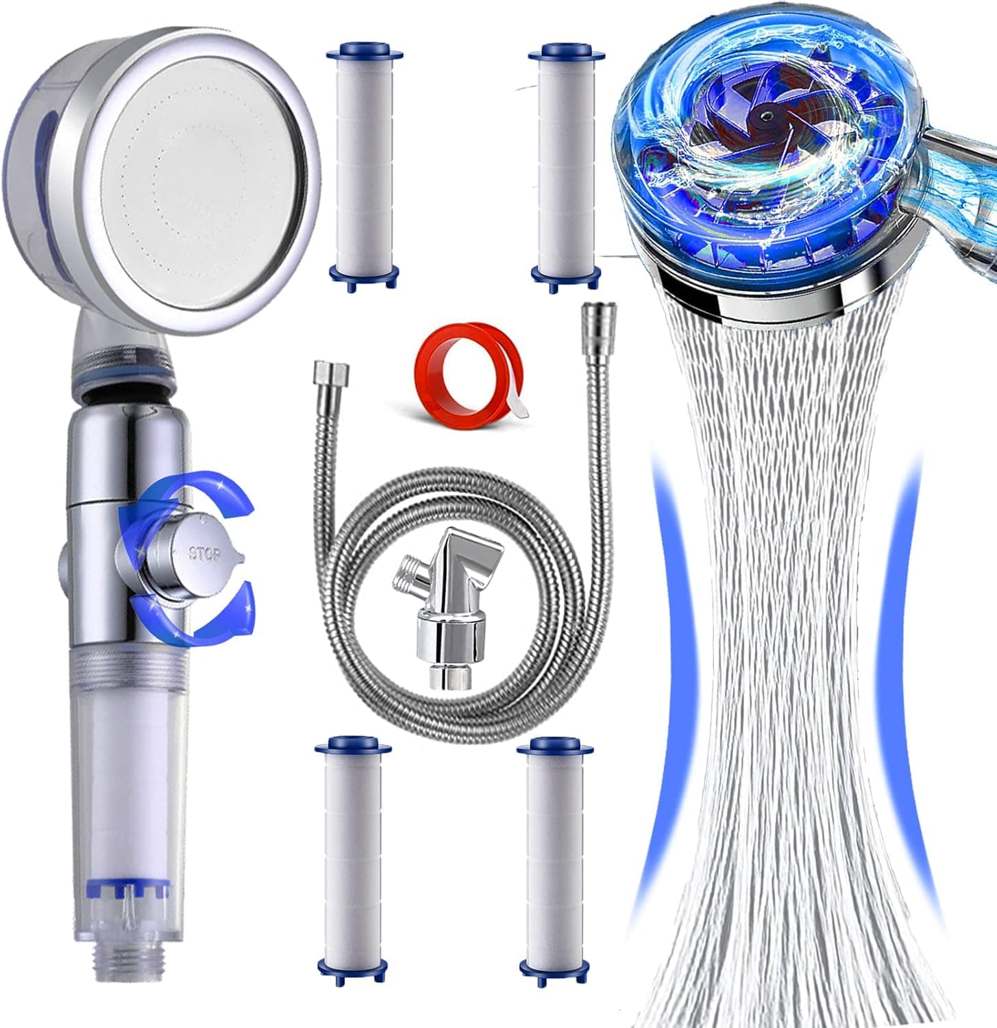 Hydro Shower Jet High Pressure Shower Head with Handheld, Turbo Fan Vortex Shower Head with Hose/Bracket, Tik Tok Water Saving Clear Shower Head with 4 Hard Water Filters