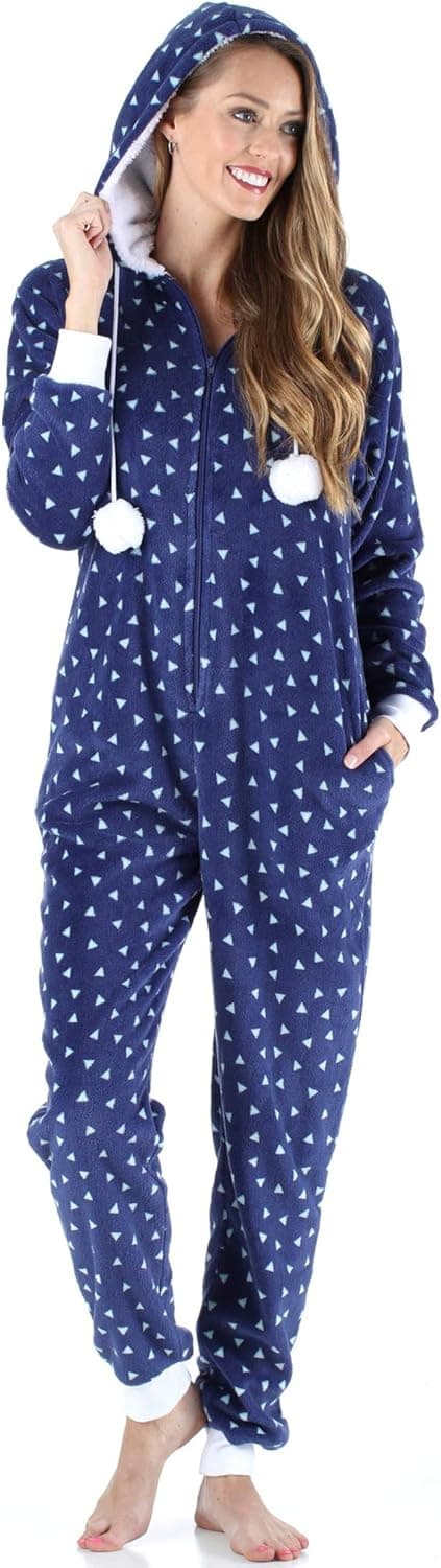 Frankie & Johnny Women's Hooded Fleece Non-Footed Onesie Loungewear Pajamas, Triangles, XL