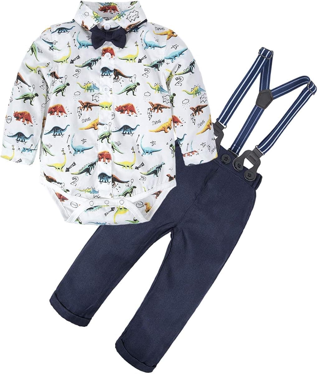 BIG ELEPHANT 2 Pieces Baby Boys Long Sleeve Dresses Shirt Overalls Set