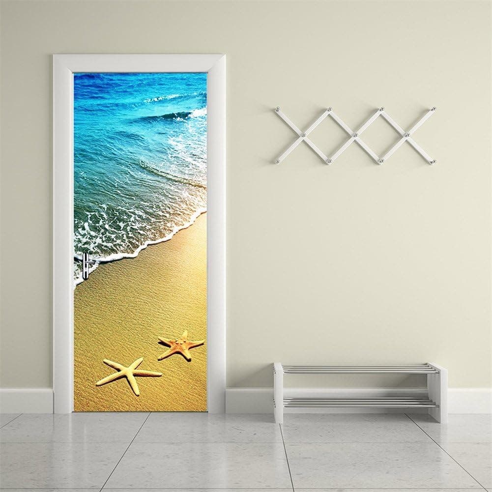 Fymural 3D Door Wallpaper Murals Wall Stickers--Starfish and Waves for Home Decoration Self-Adhesive Vinyl Removable Retro Art Door Decals 30.3x78.7"