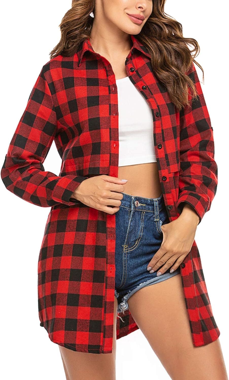 Hotouch Womens Flannel Plaid Shirts Roll Up Long Sleeve Pockets Mid-Long Casual Boyfriend Shirts