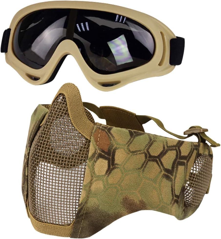 Airsoft Mask with Goggles, Foldable Half Face Airsoft Mesh Mask with Ear Protection for Paintball Shooting Cosplay CS Game