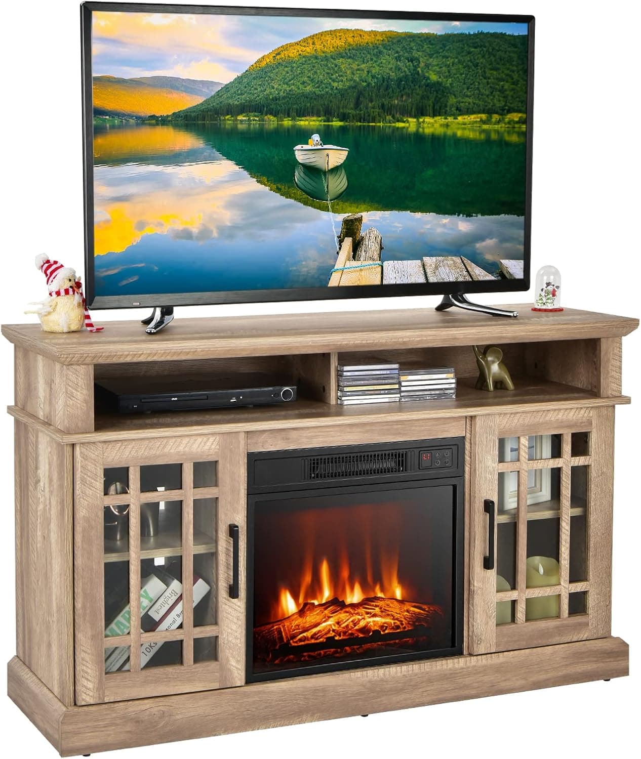 GOFLAME Fireplace TV stand for TV up to 55 Inches, Freestanding Wood Entertainment Center with 18” Electric Fireplace, 48" TV Console Table with 2 Open Storage Compartments and 2-Door Cabinet, Natural
