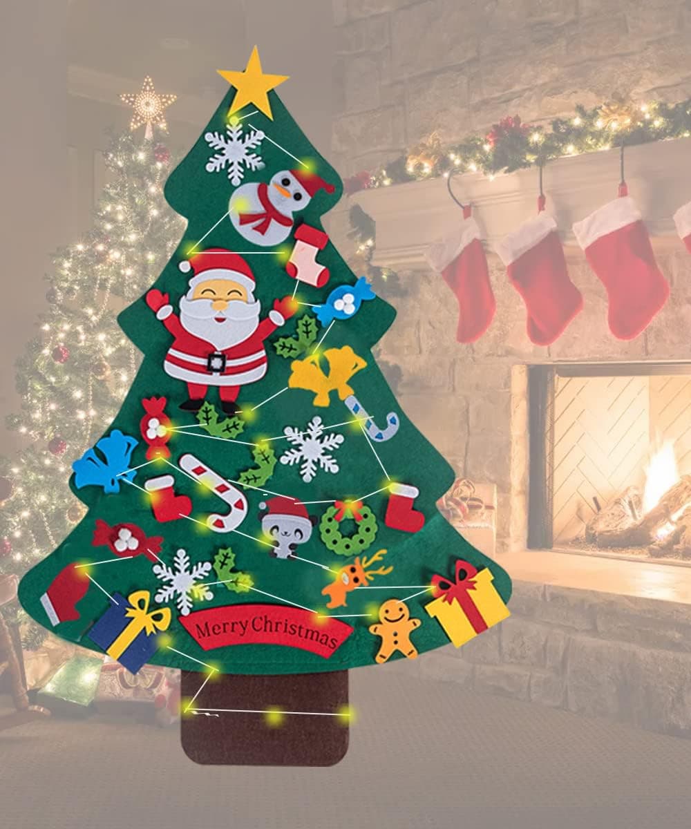 3ft DIY Felt Christmas Tree Set with 28pcs Ornaments and Light Strip for Kids Xmas Gifts Christmas Door Wall Hanging Decor Party Supplier