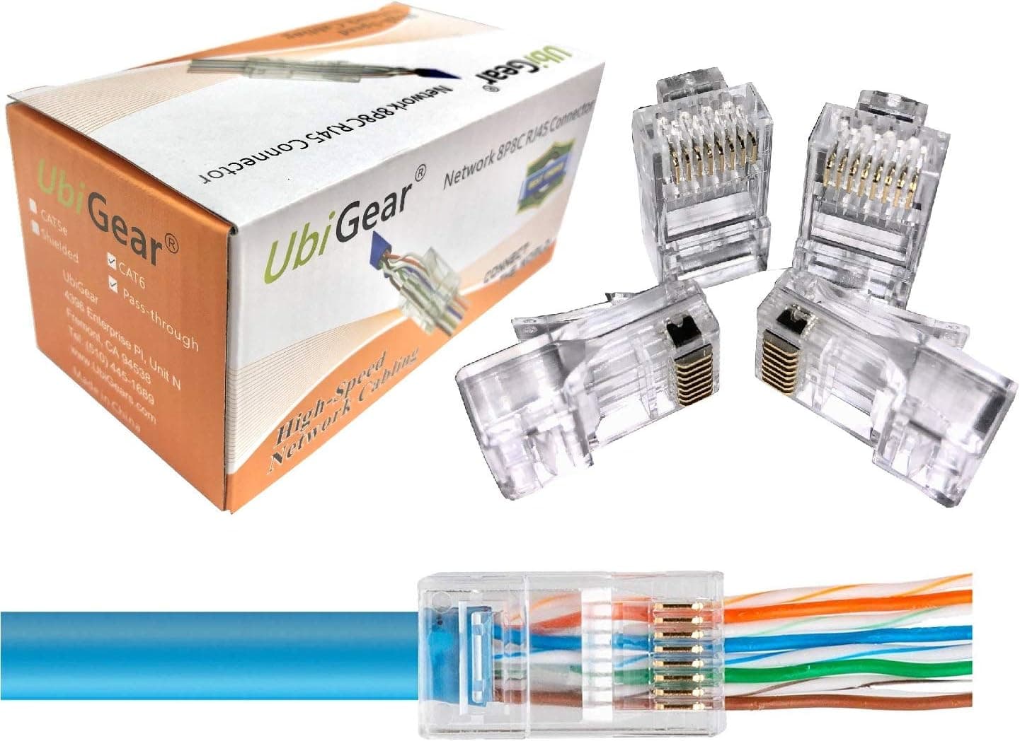UbiGear 100 Pcs CAT6 RJ45 Pass Through 23 AWG Network Cable Modular Gold-Plated Plug 8P8C Connector End