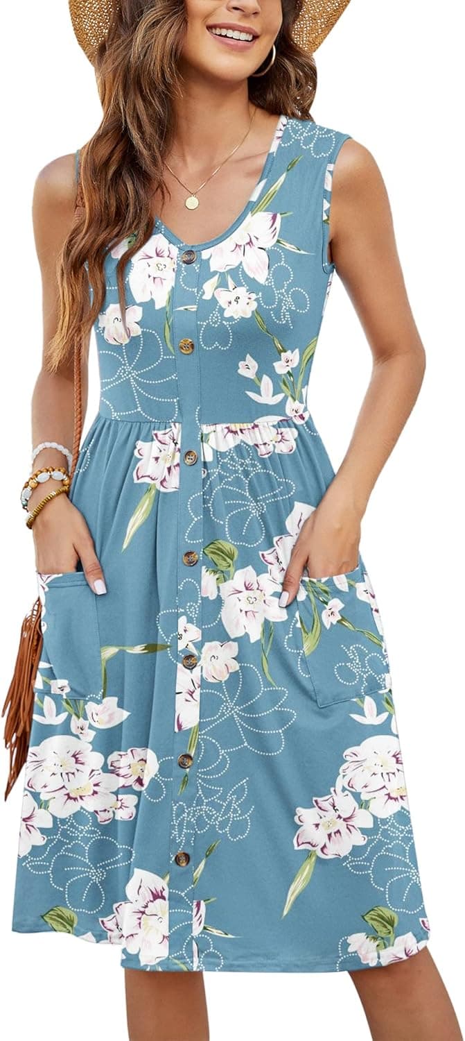 MOLERANI Women Summer Dresses Sleeveless Casual Loose Swing Button Down Midi Dress with Pockets
