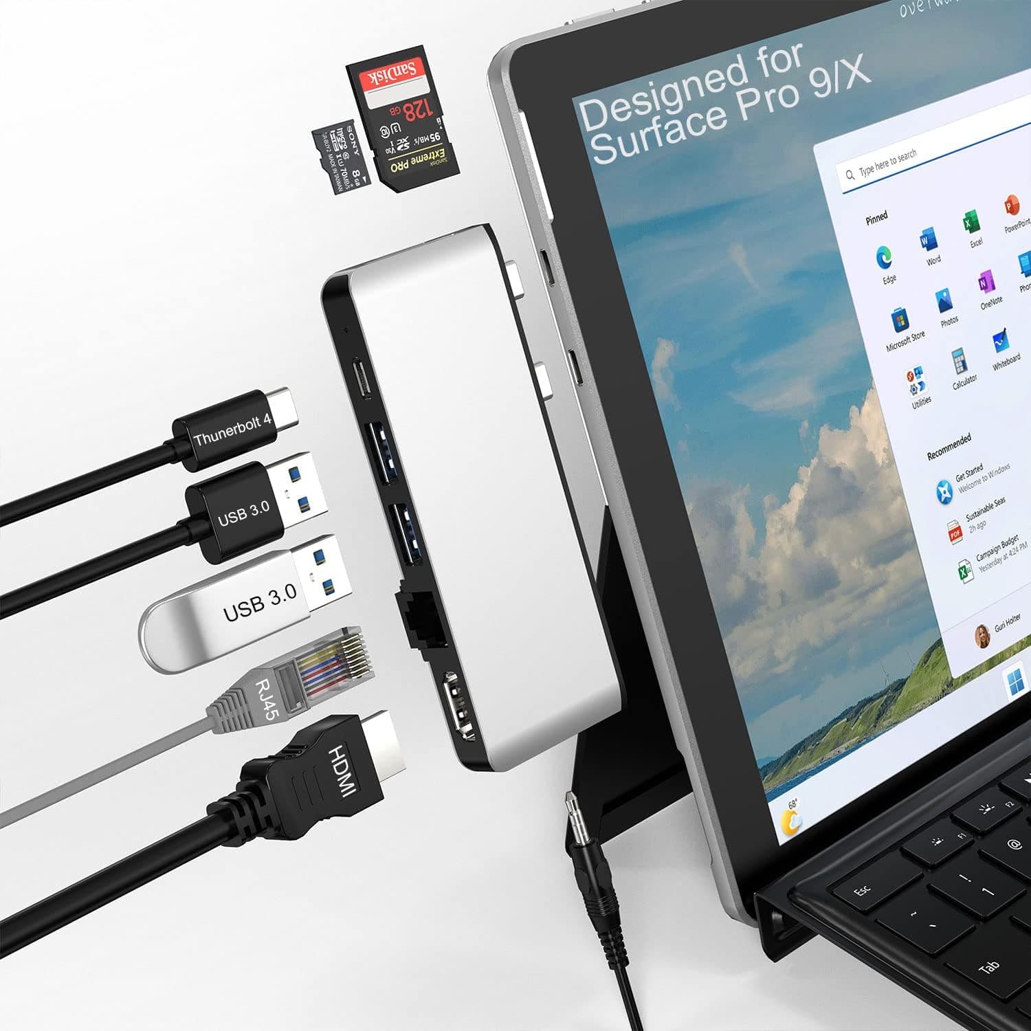 Surface Pro 9 Accessories, Surface Pro 9 Docking Station with 4K HDMI, USB C Thunerbolt 4 (Display+PD Charging+Data),100 Mbps LAN, 3.5mm Audio, 2 USB 3.0, SD/TF for Surface Pro 9/Pro X