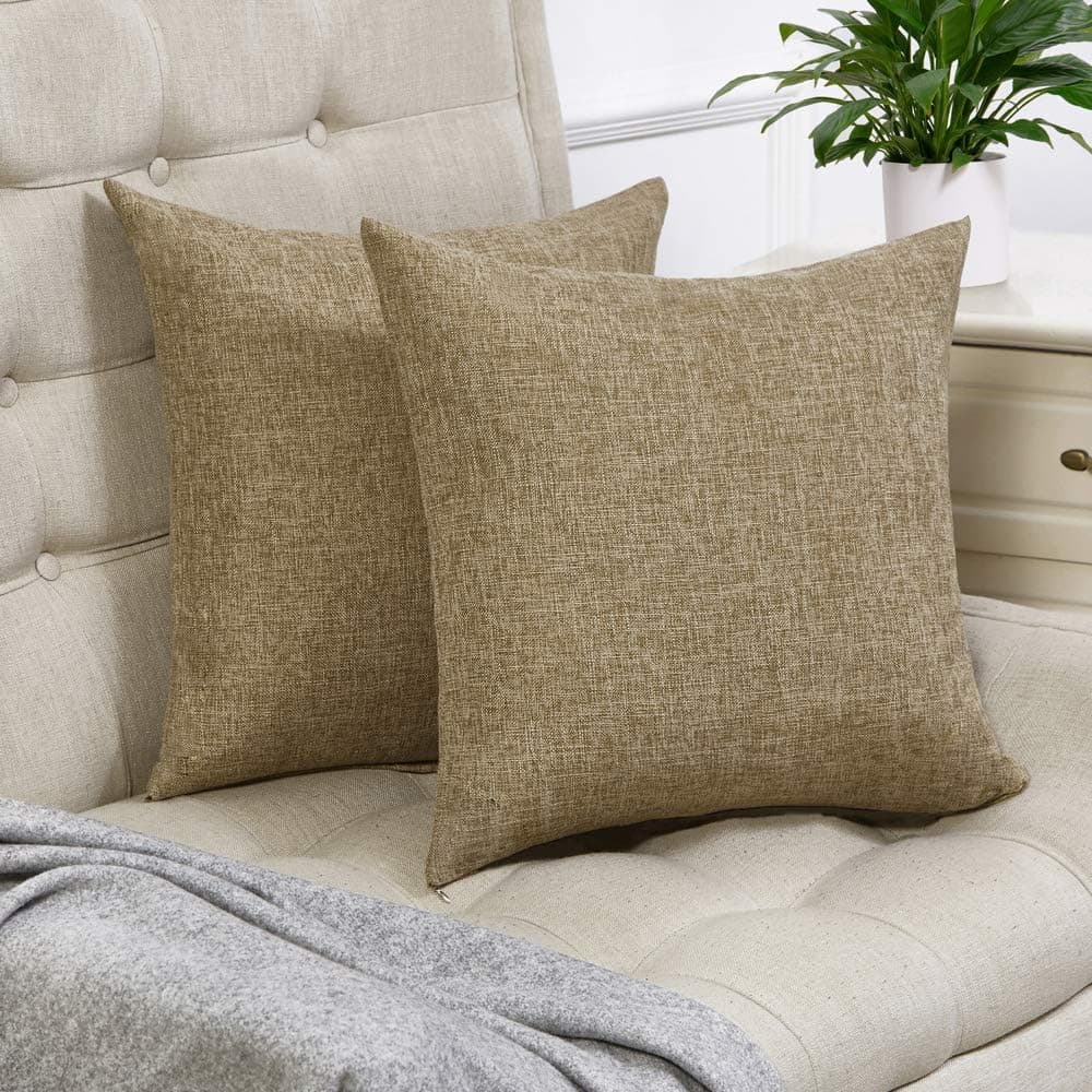 Anickal Set of 2 Khaki Pillow Covers Rustic Linen Decorative Square Throw Pillow Covers 20x20 Inch for Sofa Couch Decoration