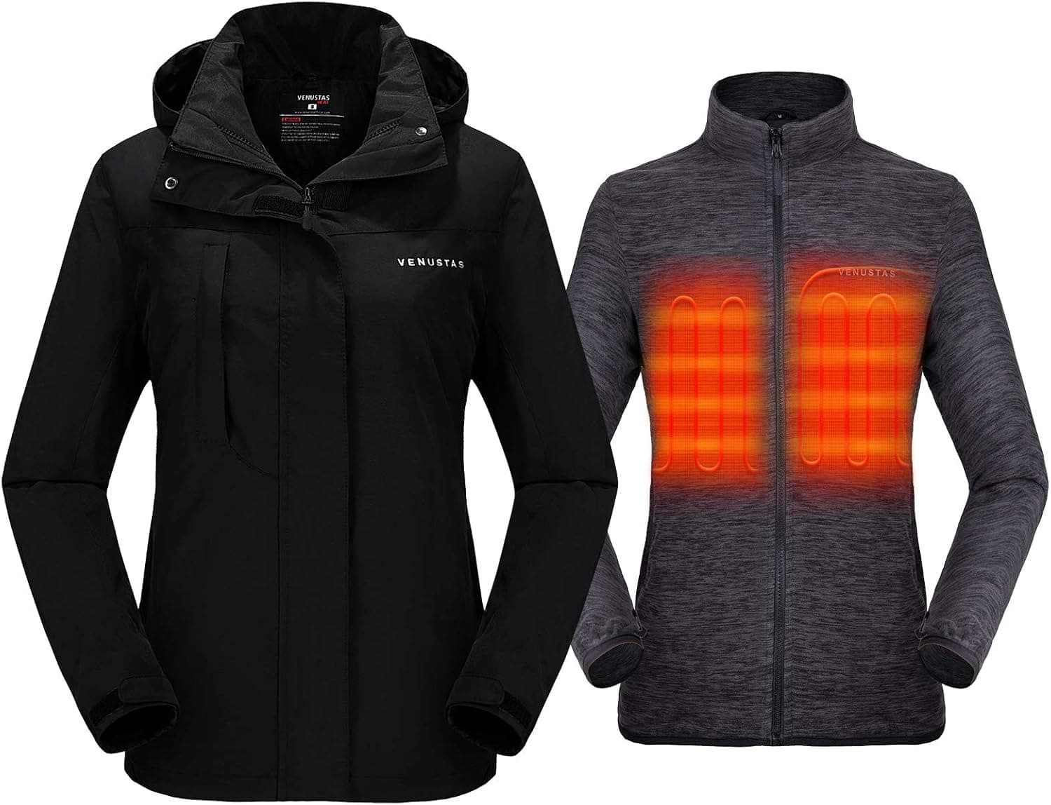 Venustas Women's 3-in-1 Heated Jacket with Battery Pack 7.4V, Ski Jacket Winter Jacket with Removable Hood Water-resistant