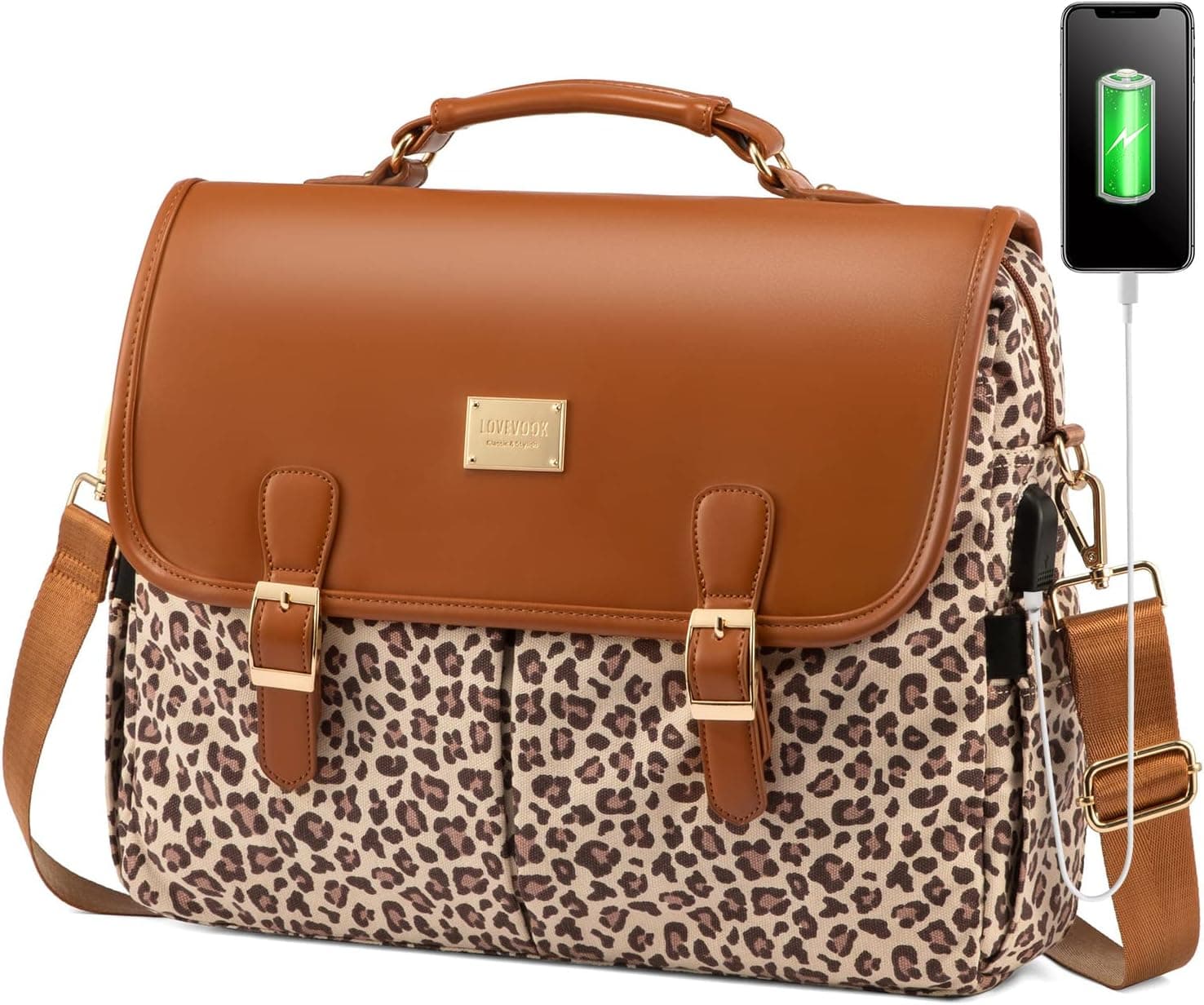 LOVEVOOK Laptop Bag for Women, Large Capacity Computer Bags Cute Shoulder Messenger Bag, Business Work Bags Tote Briefcase Purse Laptop Sleeve Case, 15.6inch, Leopard Print-Brown Pro