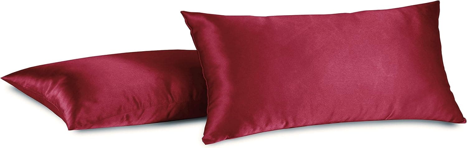 Aiking Home 100% Polyester Bridal Satin Luxury Pillowcases – Set of 2 Invisible Zipper Pillowcases - Machine Washable - (Standard 20x26 inch, Burgundy)