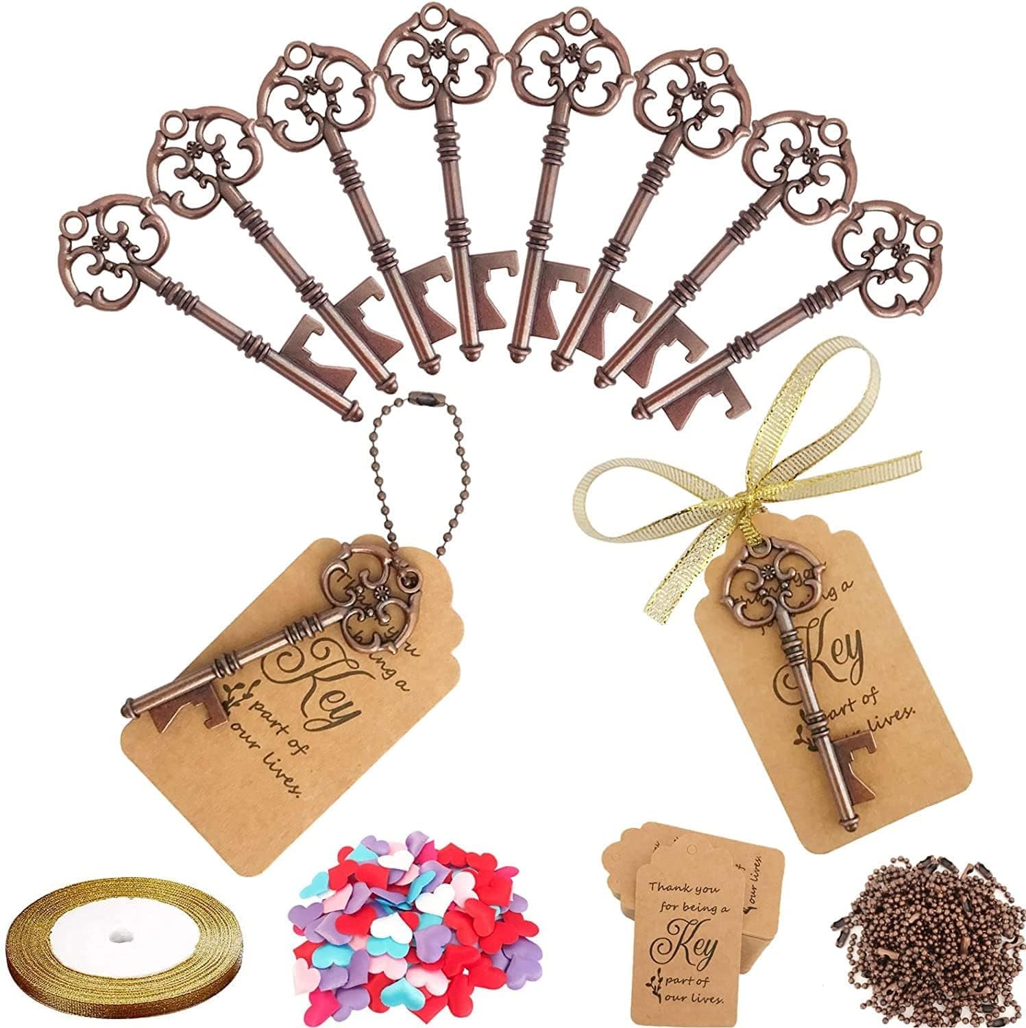 WODEGIFT 60 PCS Key Bottle Openers,Bridal Shower Party Favors,Vintage Skeleton Key Bottle Opener with Escort Card Tag and Key Chains, Rustic Decoration for Wedding Favors (Red Copper-2)
