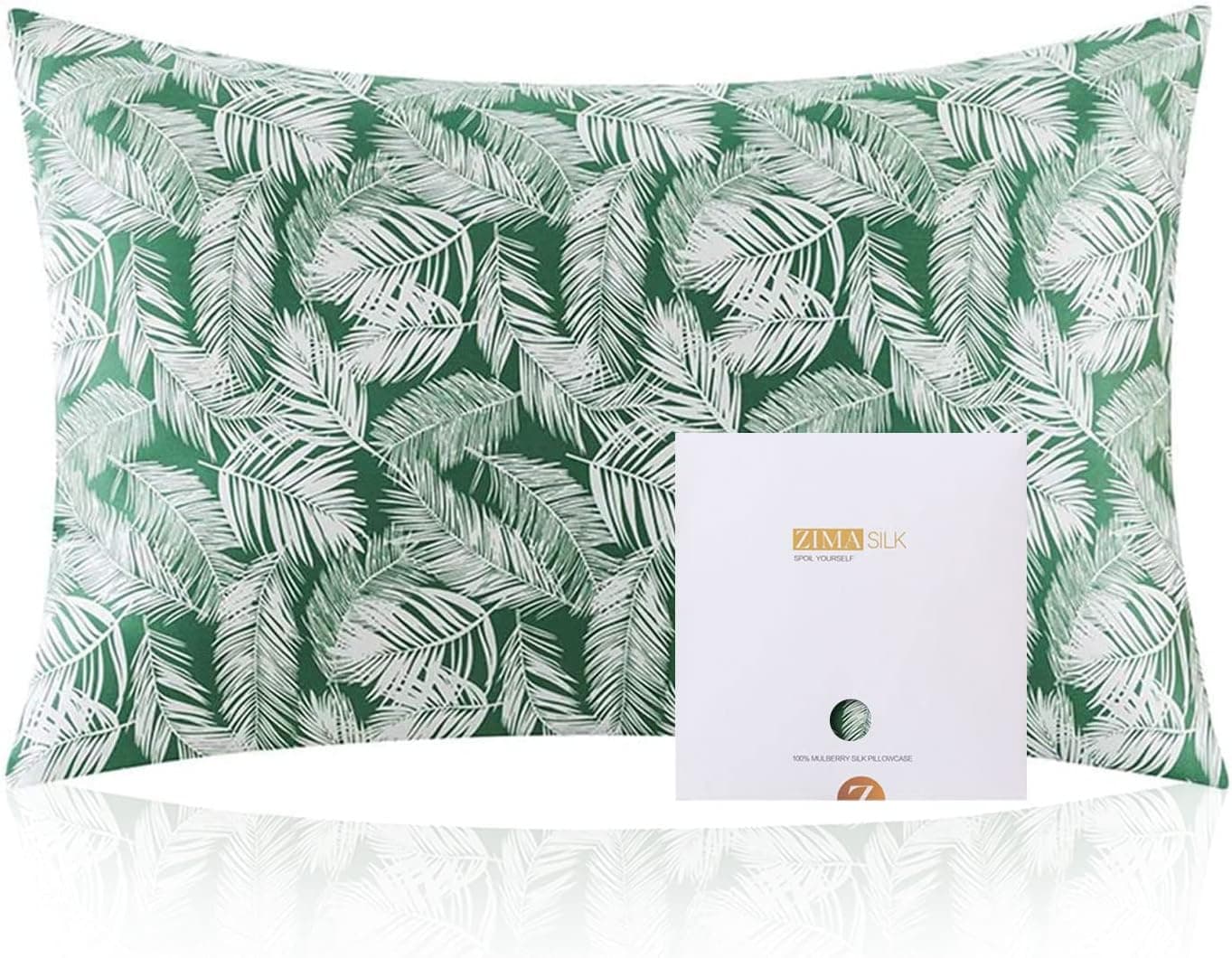 ZIMASILK 100% Mulberry Silk Pillowcase for Hair and Skin Health,Both Sides 19 Momme Silk Floral Print,1pc (Standard 20''x26'',Green Leaves)
