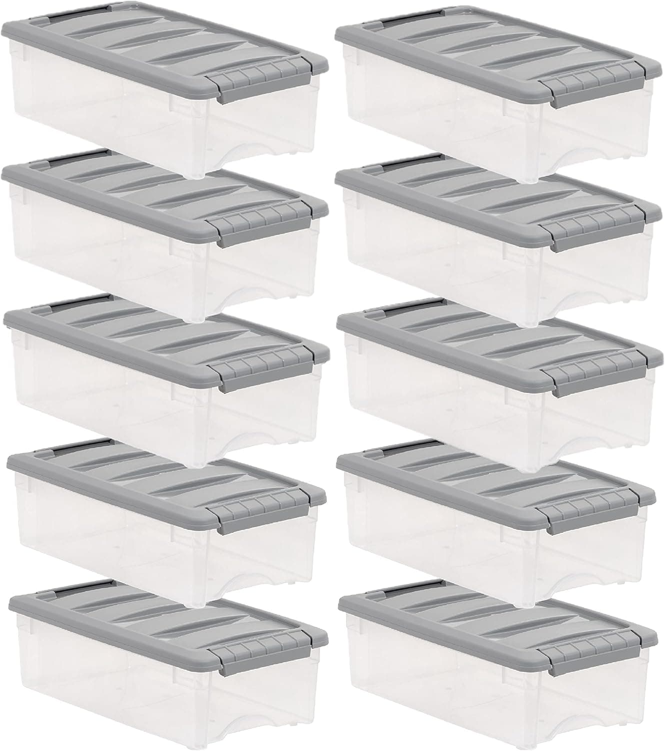 Amazon Basics 5 Quart Stackable Plastic Storage Bins with Latching Lids- Clear/ Grey- Pack of 10