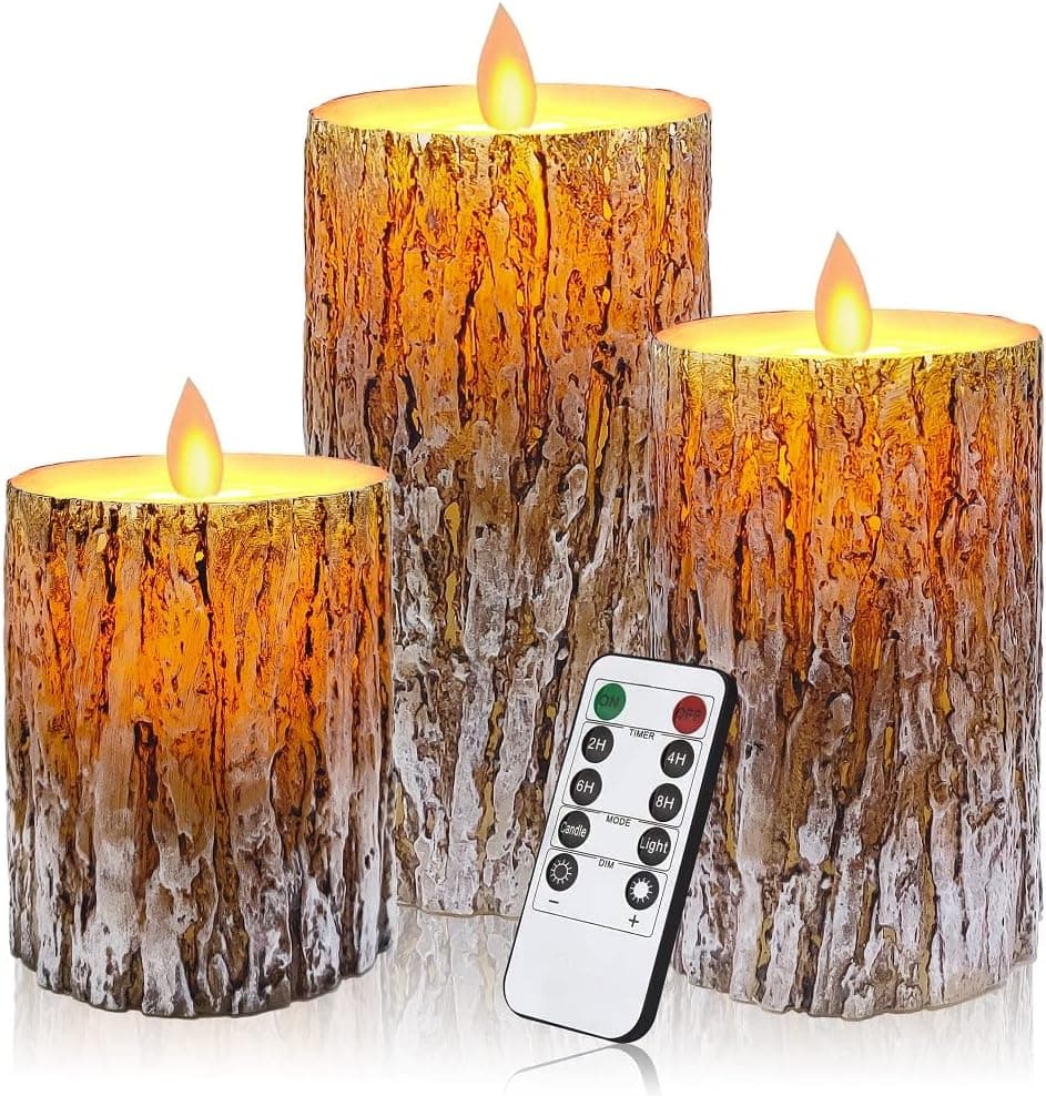 MIVITOOM Pine Bark LED Flameless Pillar Candles Battery Operated with Flickering Warm Yellow Light Moving Wicks, Pack of 3 (D 3”×H 4”5”6”) Real Wax Candles with Timer and Remote Control