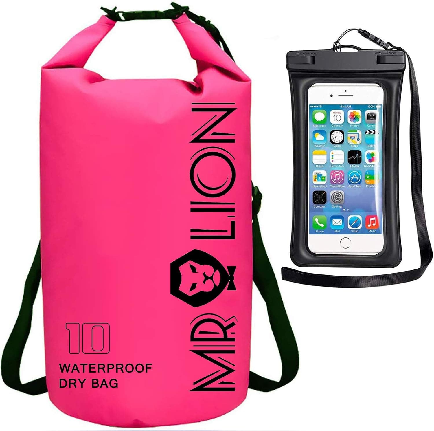 Waterproof Dry Bag - Roll Top Dry Compression Sack Keeps Gear Dry for Kayaking, Beach, Rafting, Boating, Hiking, Camping, Swimming, Floating and Fishing with Waterproof Phone Case (Pink, 10L)