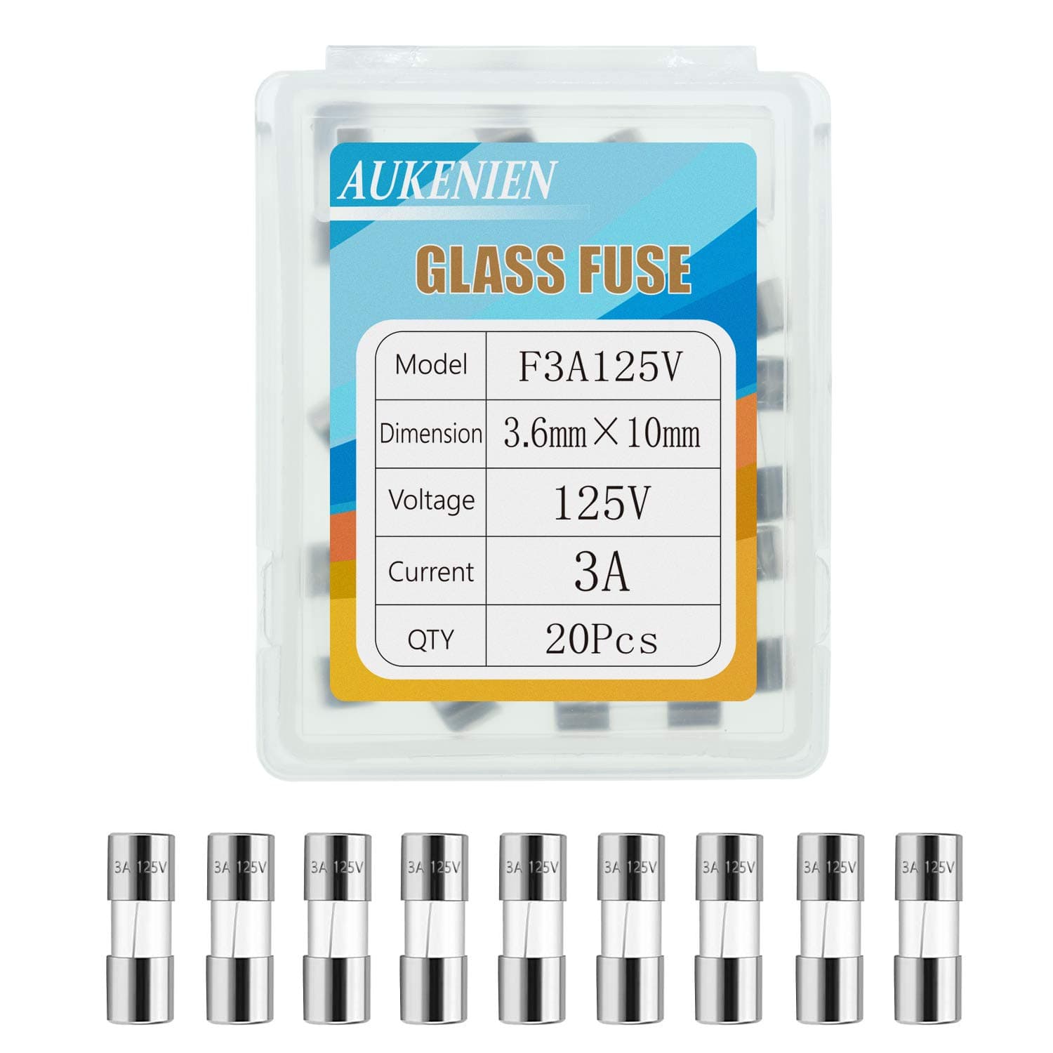 AUKENIEN 20pcs 3A 3Amp 125V Mini Fuse F3AL125V 3.6x10 mm 0.14 x 0.39 inch Fast-Blow Glass Fuses for Circuit Protection Christmas Lights Fan String Lights