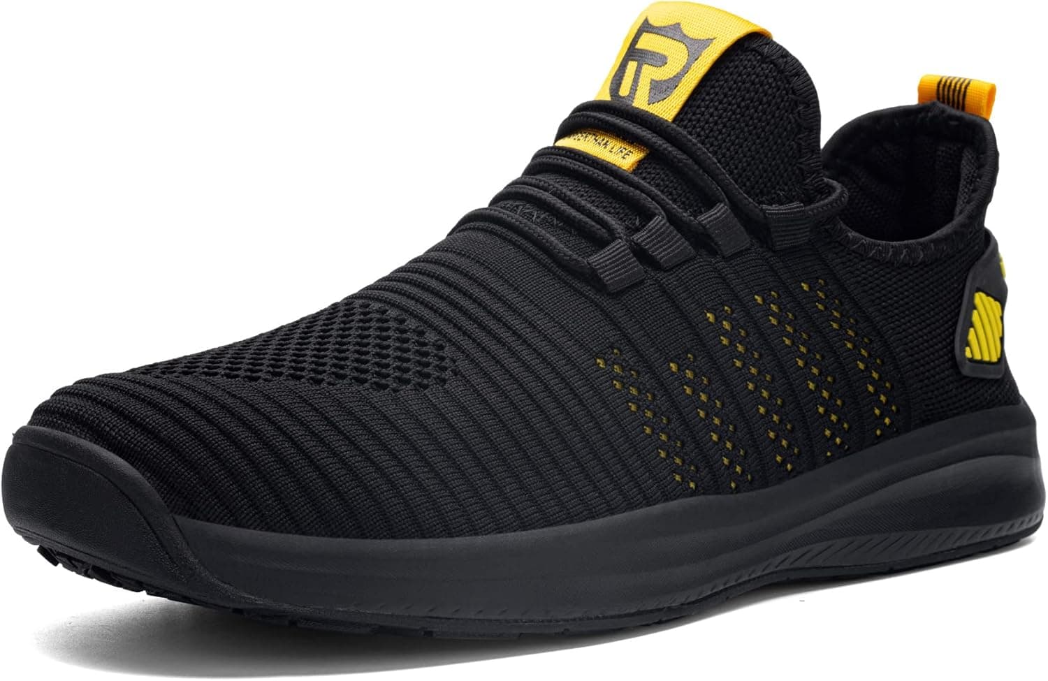 LARNMERN PLUS Walking Shoes for Men Running Tennis Non Slip Sneakers Lightweight Sports Athletic Gym Hiking Working Slip on Shoes(Black Yellow, 12)
